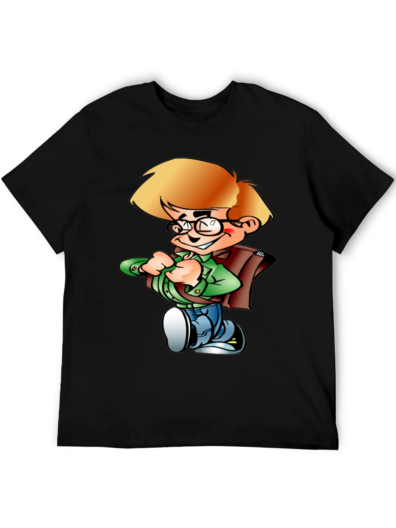 Cartoon Boy Graphic Tee - Black Cotton Shirt