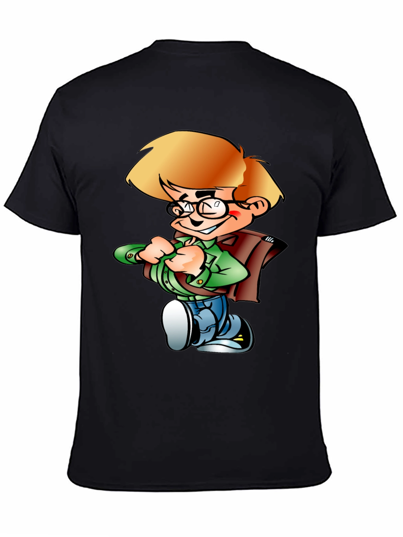Cartoon Boy Graphic Tee - Black Cotton Shirt