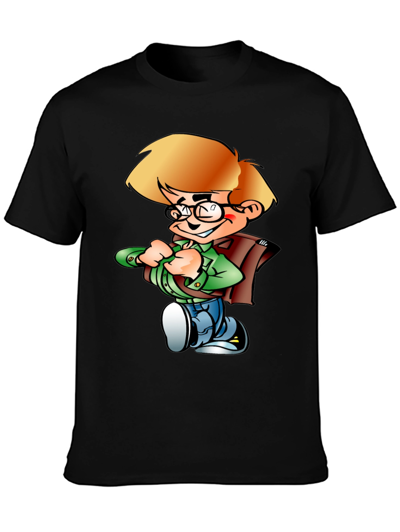 Cartoon Boy Graphic Tee - Black Cotton Shirt