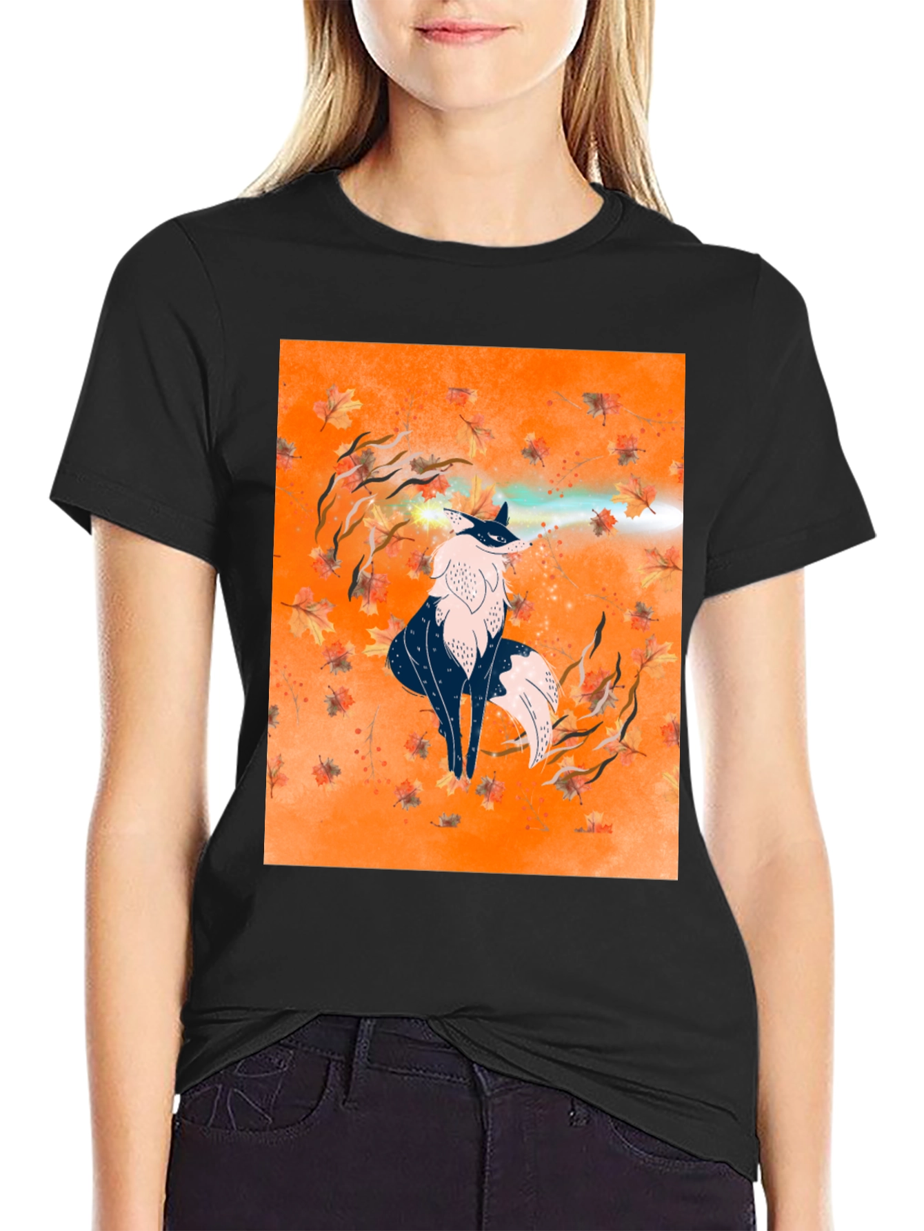 Fox Art Graphic Print Black Tee