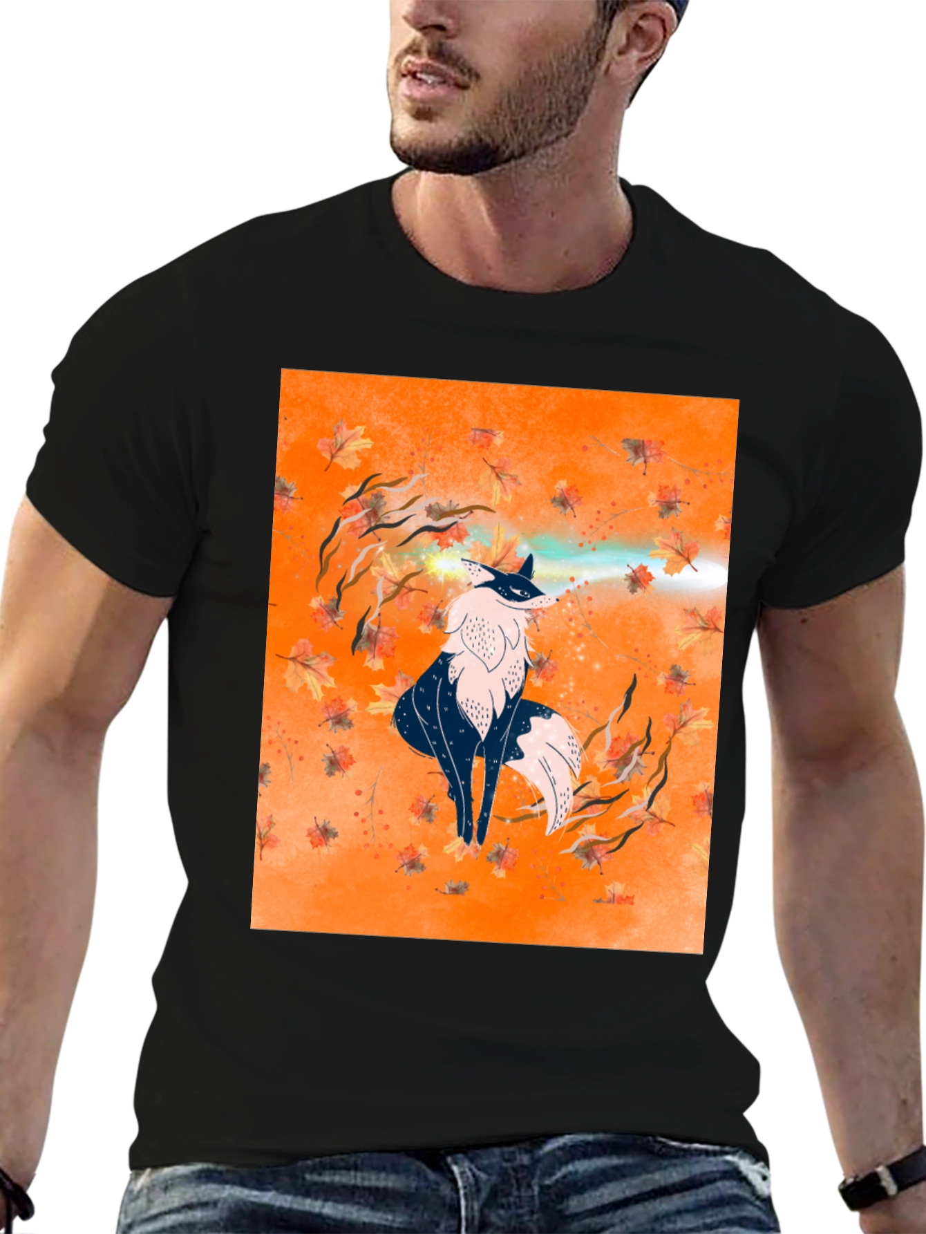 Fox Art Graphic Print Black Tee