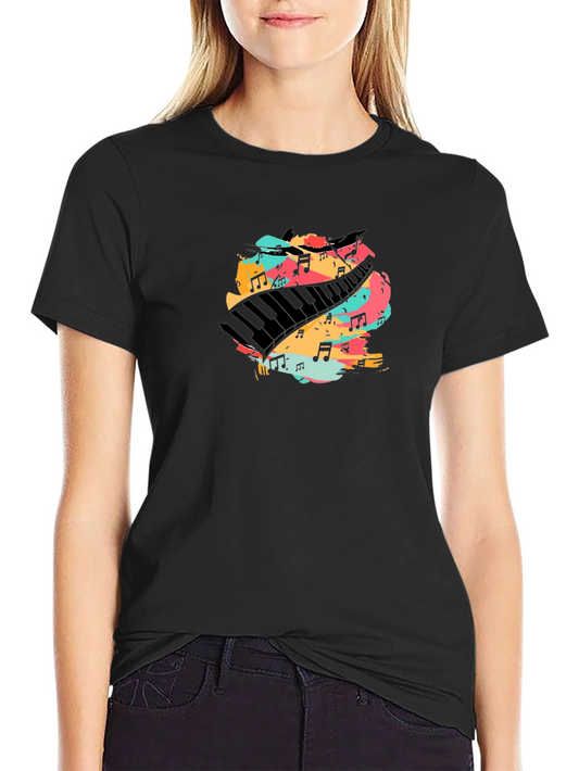 Black Graphic Tee - Piano Keys & Music Notes Design