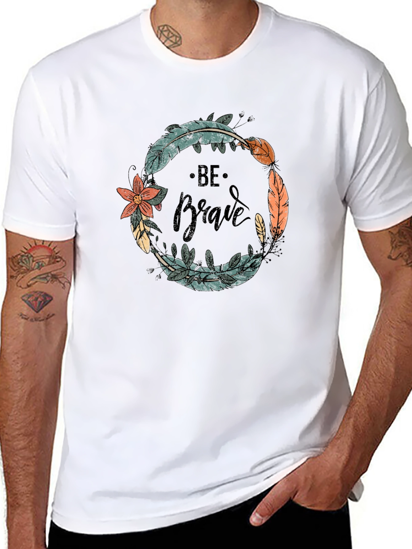Be Brave Feather Wreath Graphic Tee - Black