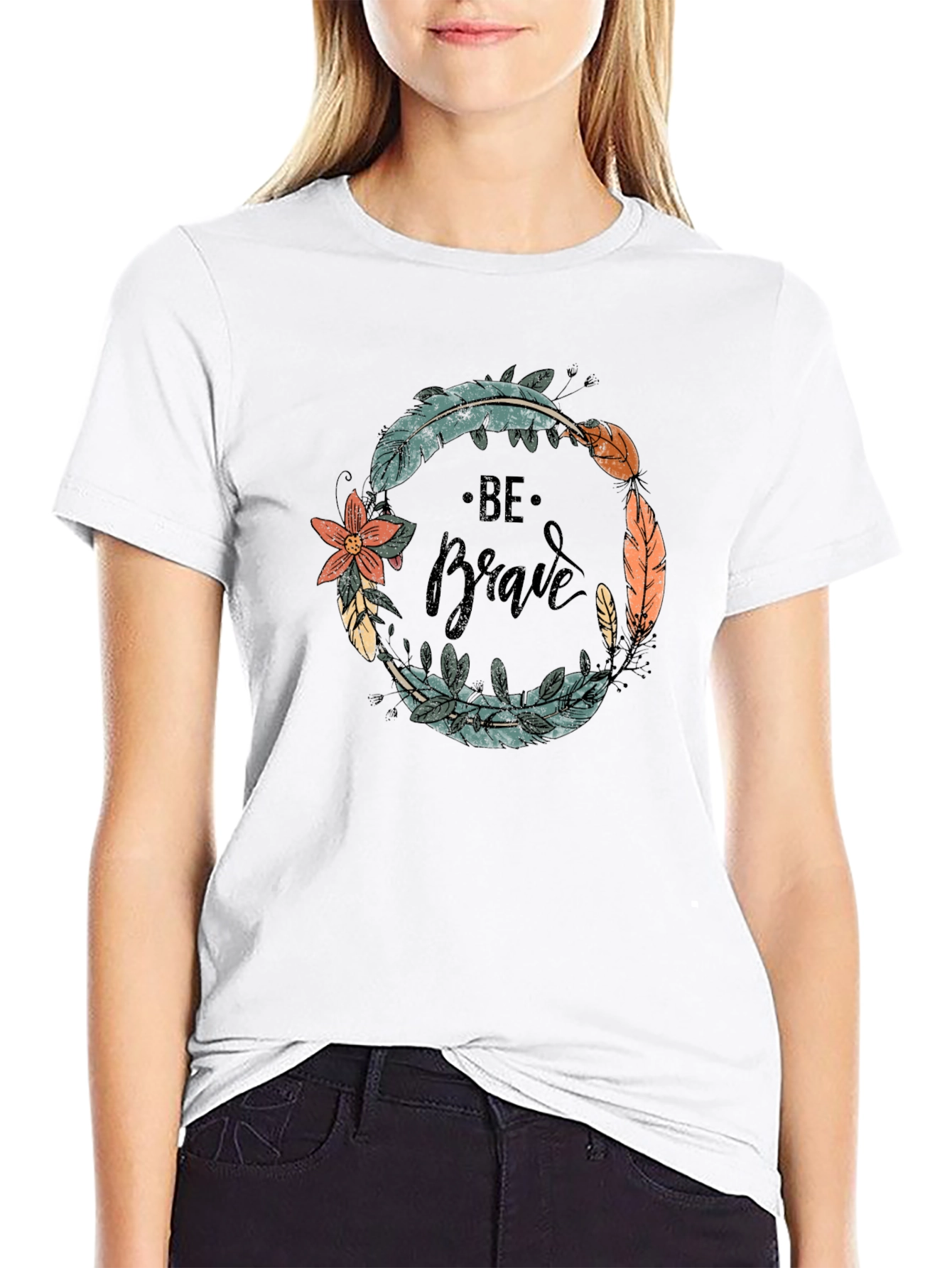 Be Brave Feather Wreath Graphic Tee - Black
