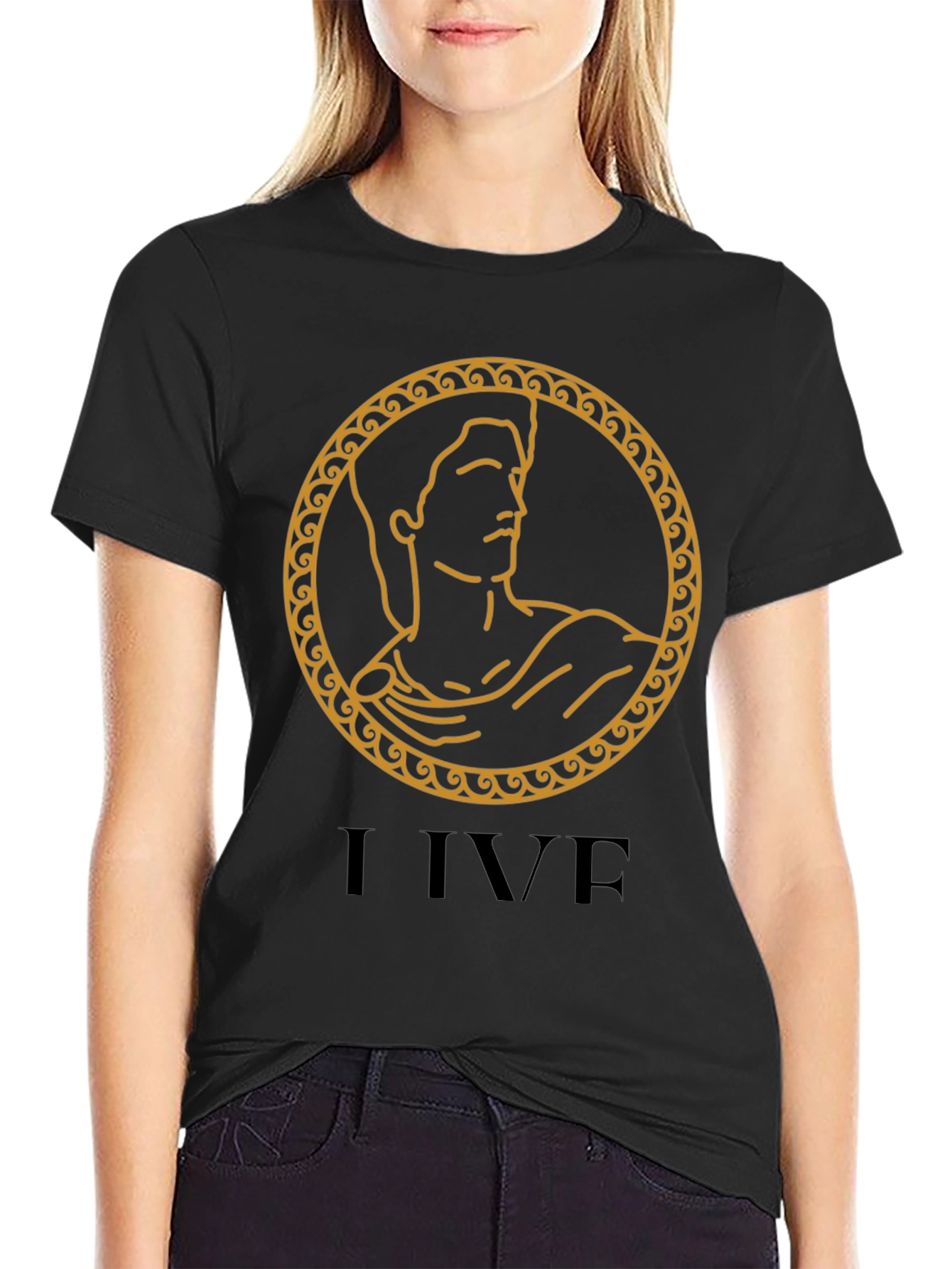 I LIVE Black T-Shirt with Ancient Gold Design