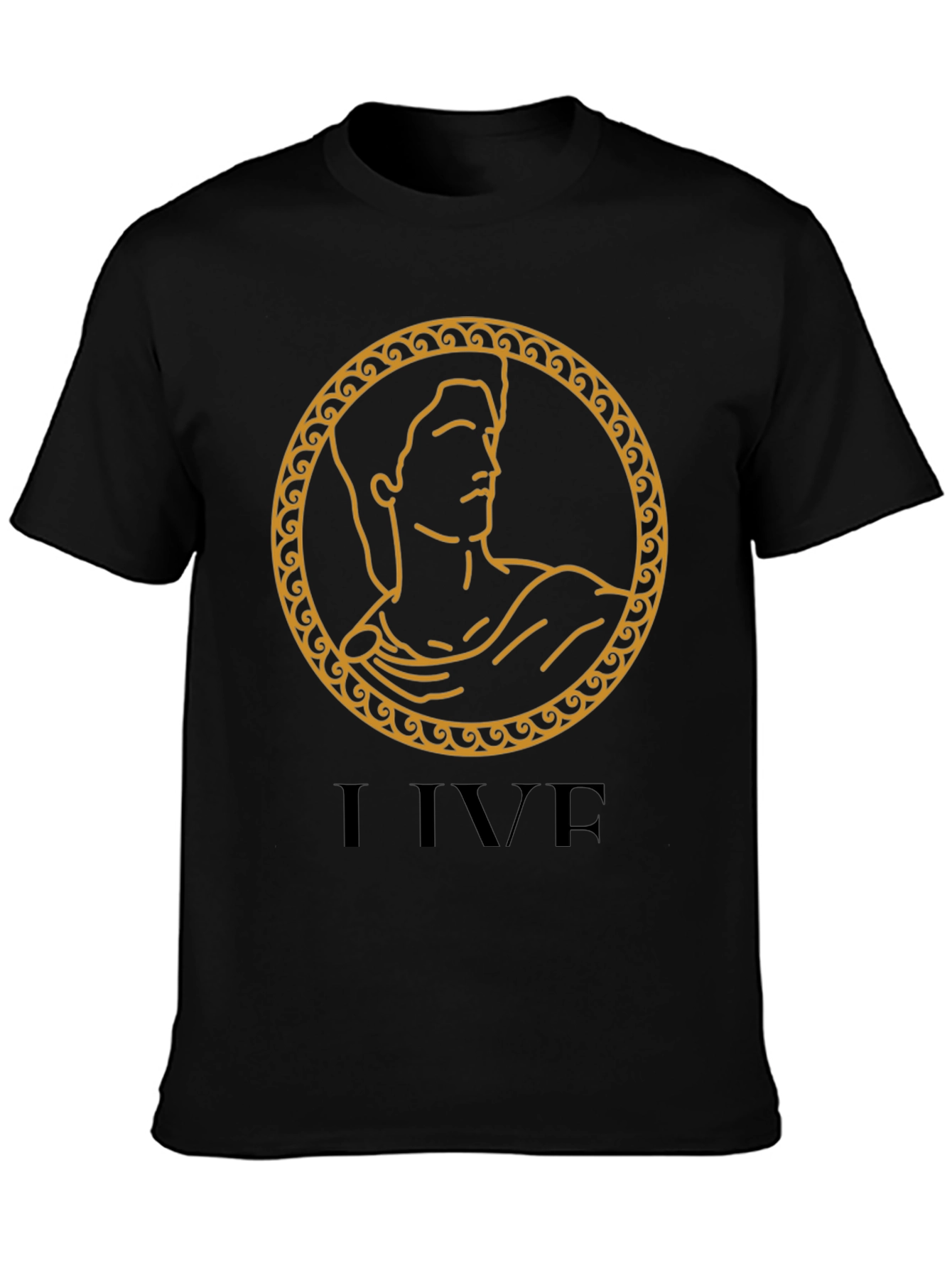 I LIVE Black T-Shirt with Ancient Gold Design