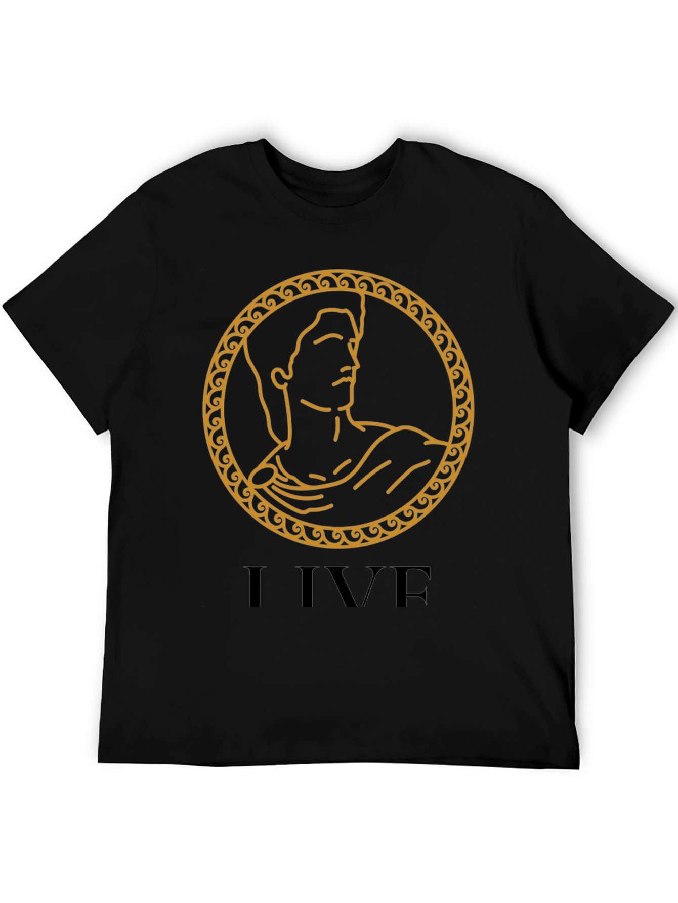 I LIVE Black T-Shirt with Ancient Gold Design