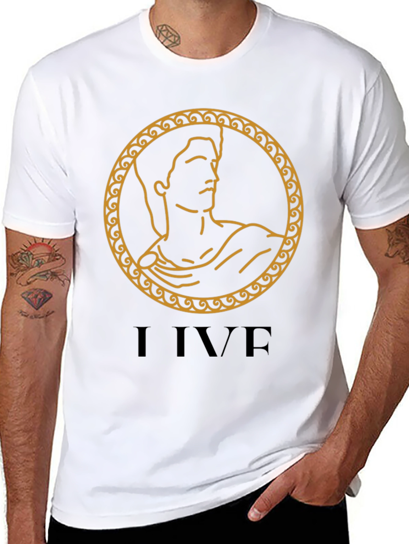 I LIVE Black T-Shirt with Ancient Gold Design