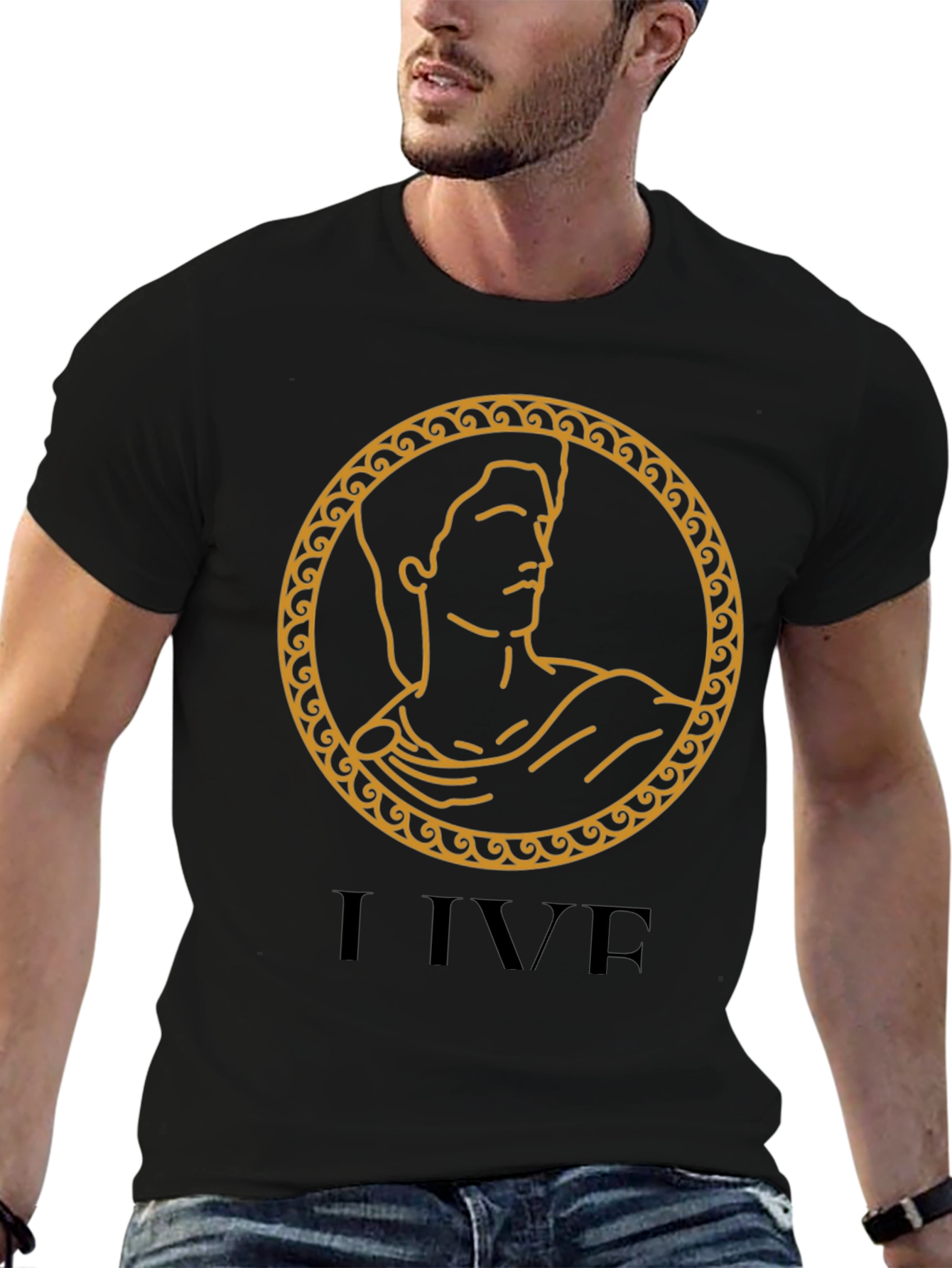 I LIVE Black T-Shirt with Ancient Gold Design