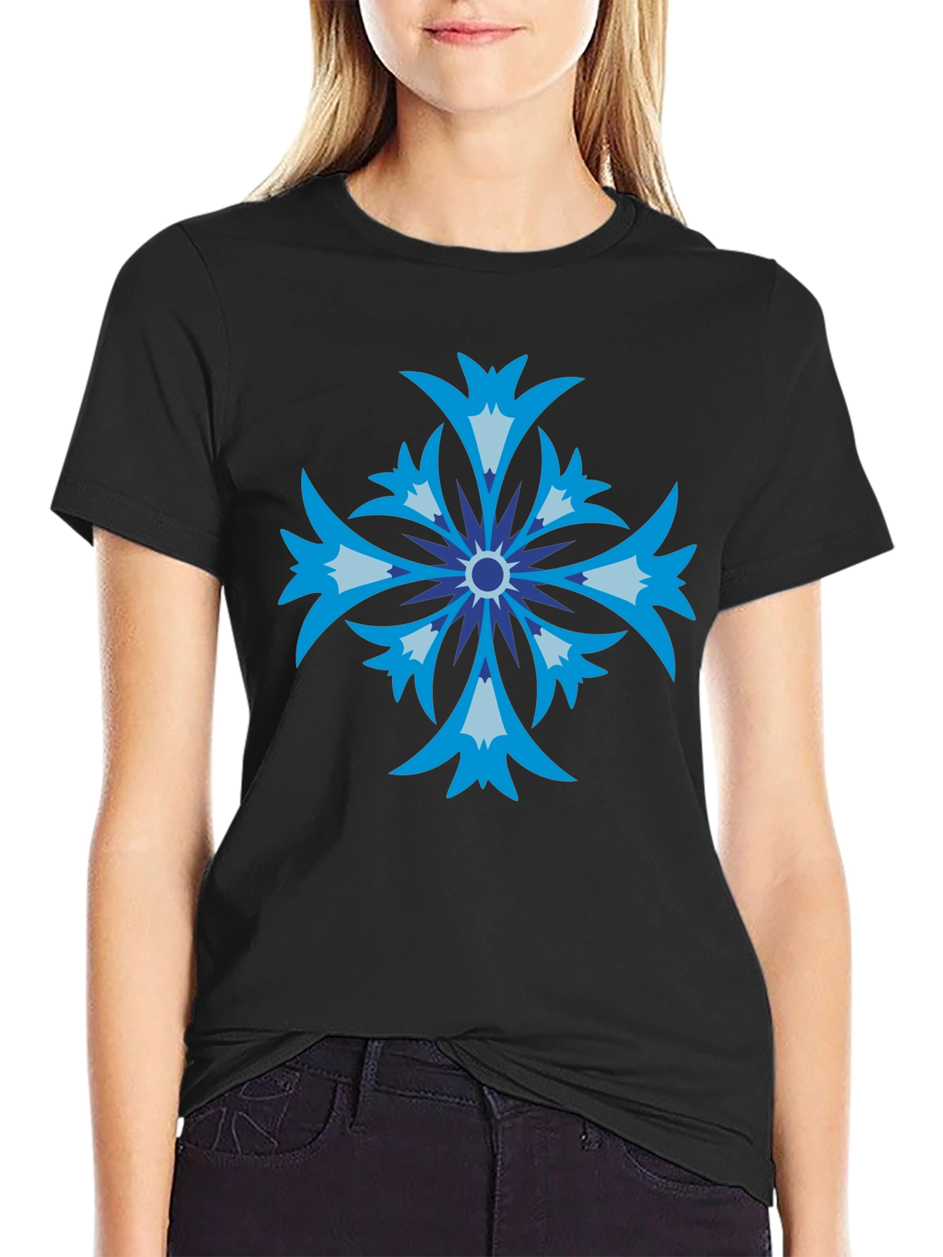 Floral Cross Graphic Black T-Shirt