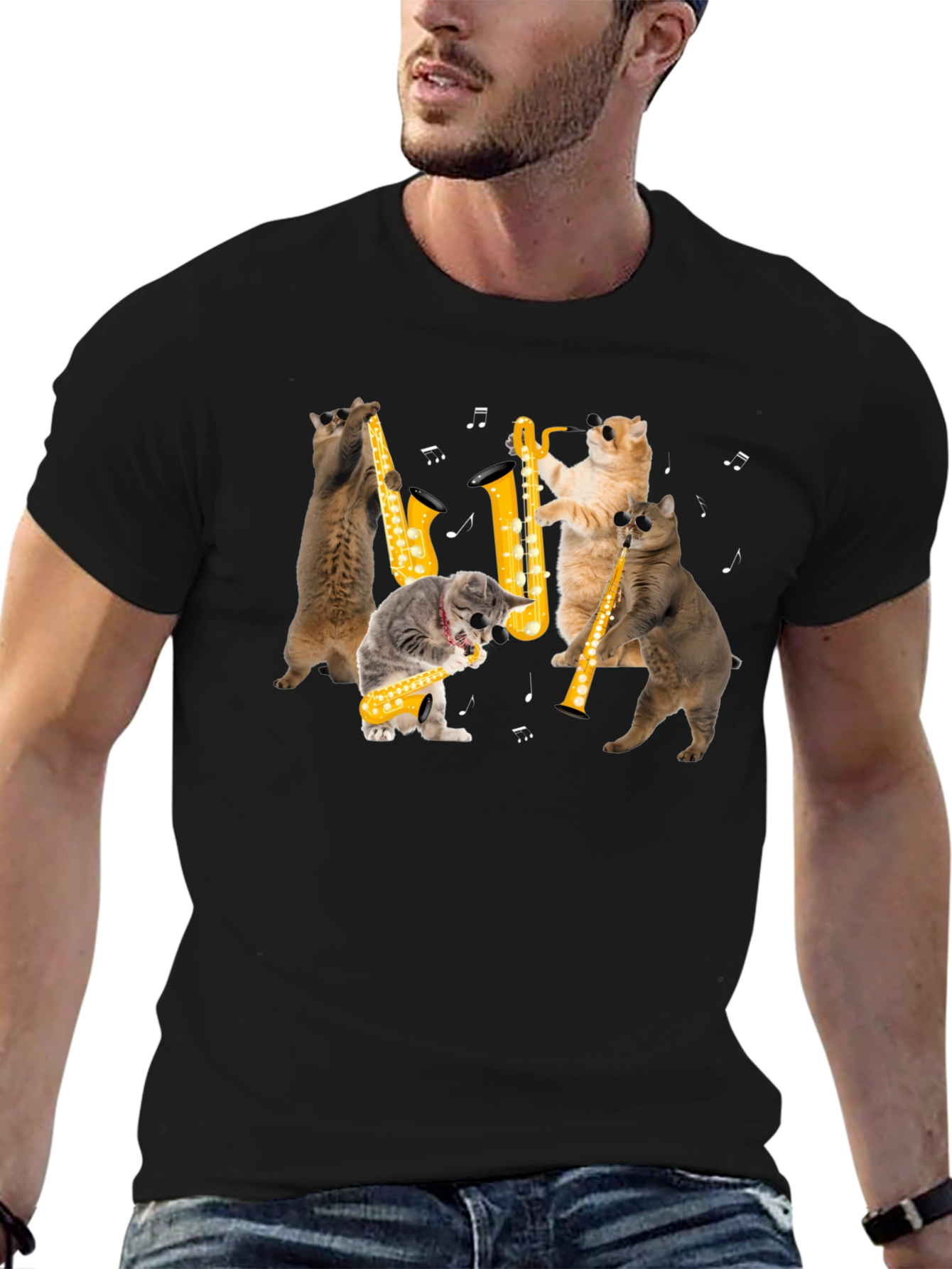 Cats Playing Saxophone Black T-Shirt