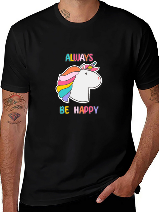 Always Be Happy Unicorn Graphic Tee - Black Cotton Blend