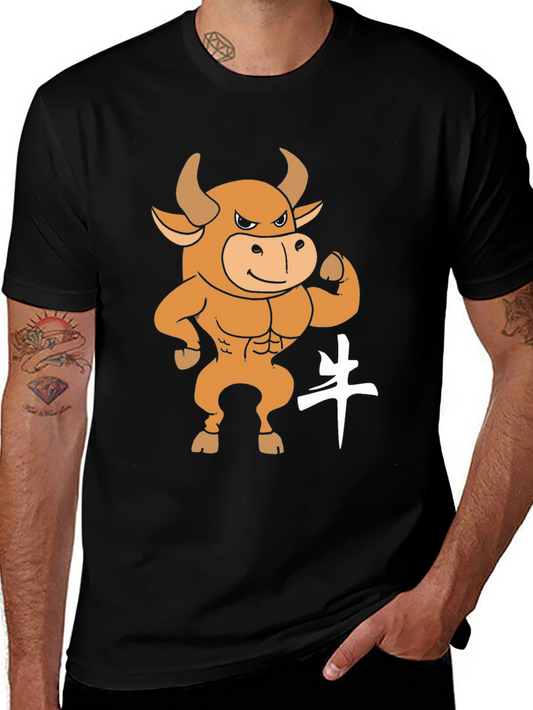 Black T-Shirt with Cartoon Bull Graphic