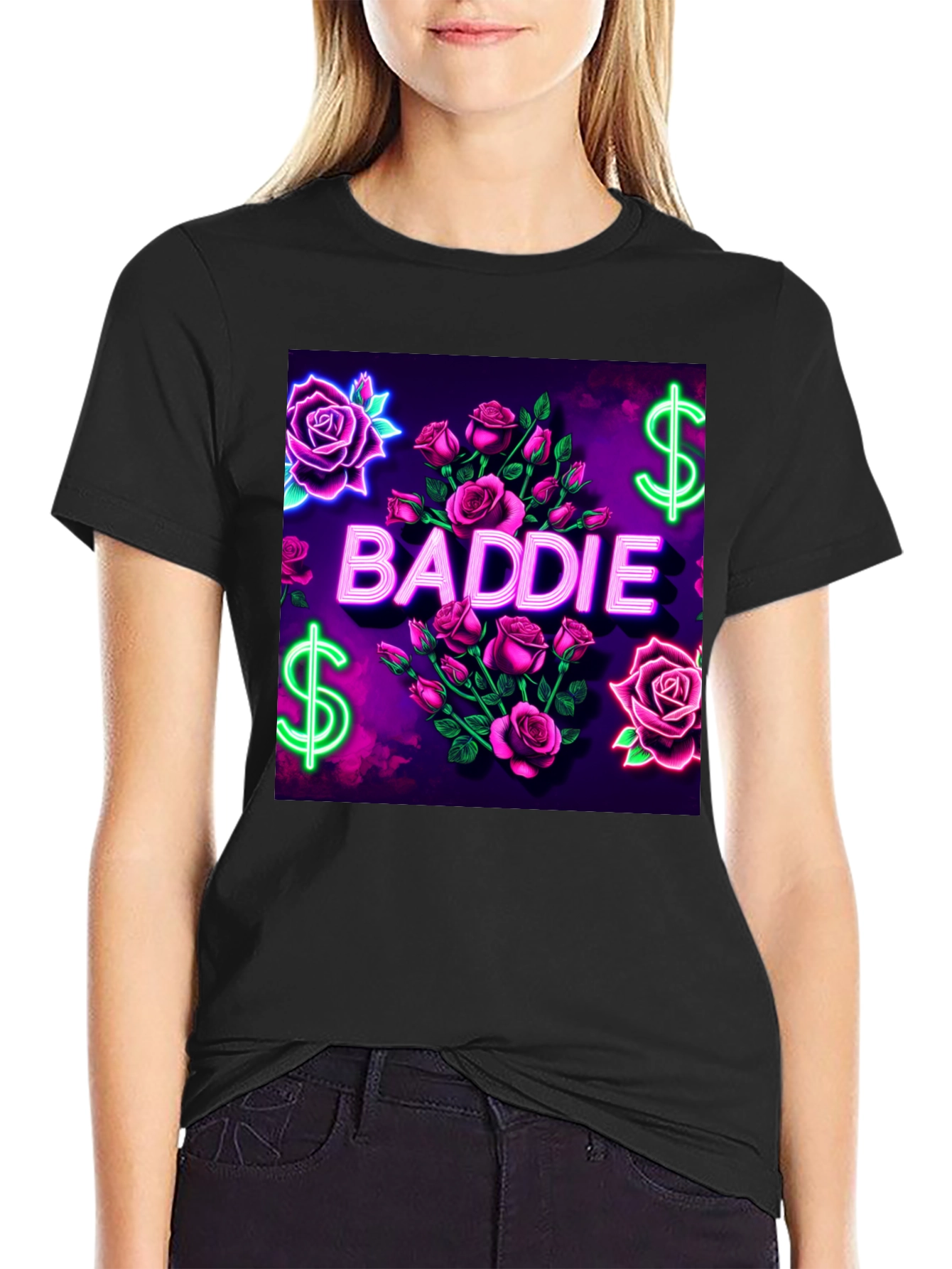 Baddie Roses Graphic Tee - Neon Print