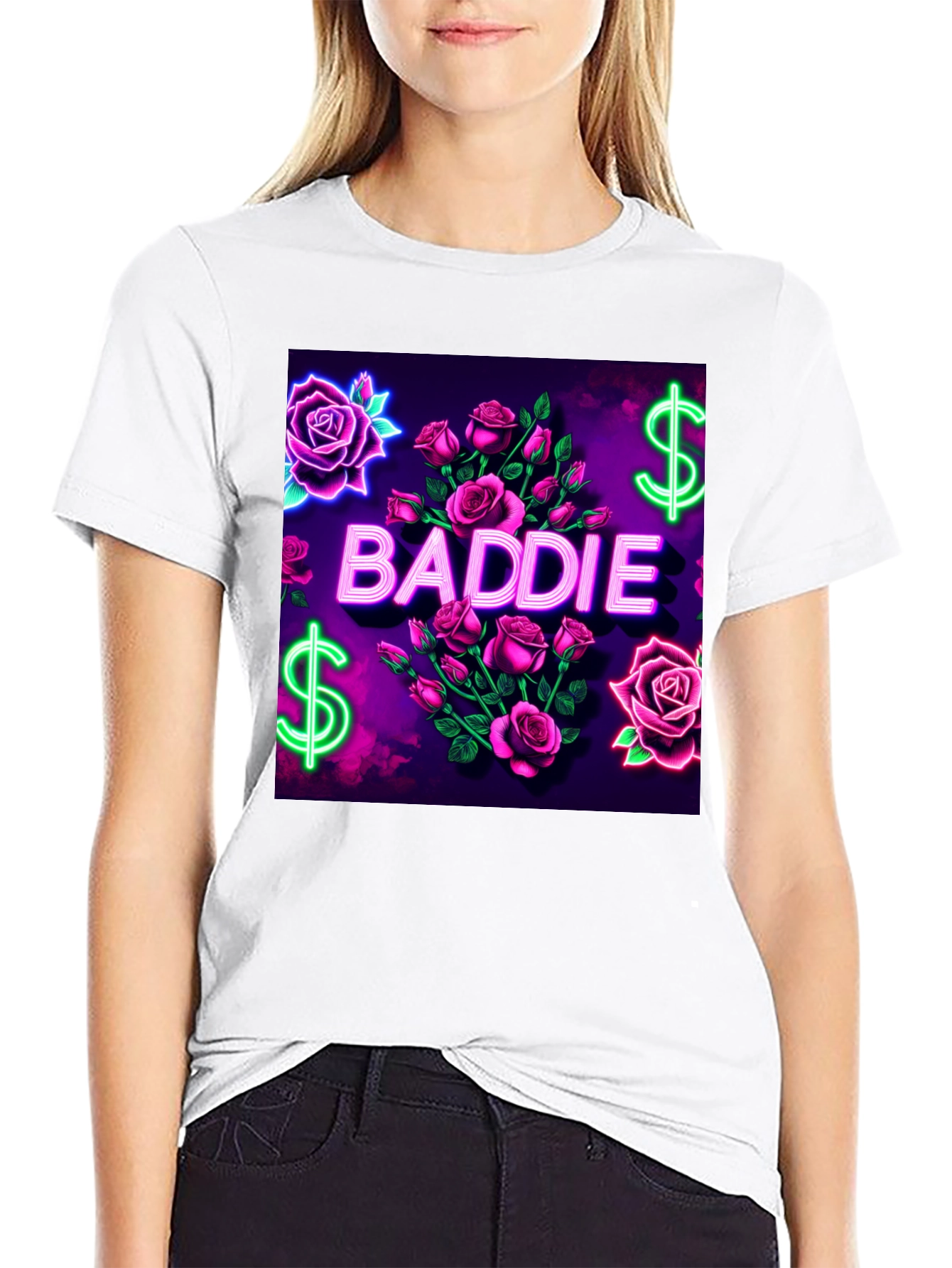 Baddie Roses Graphic Tee - Neon Print