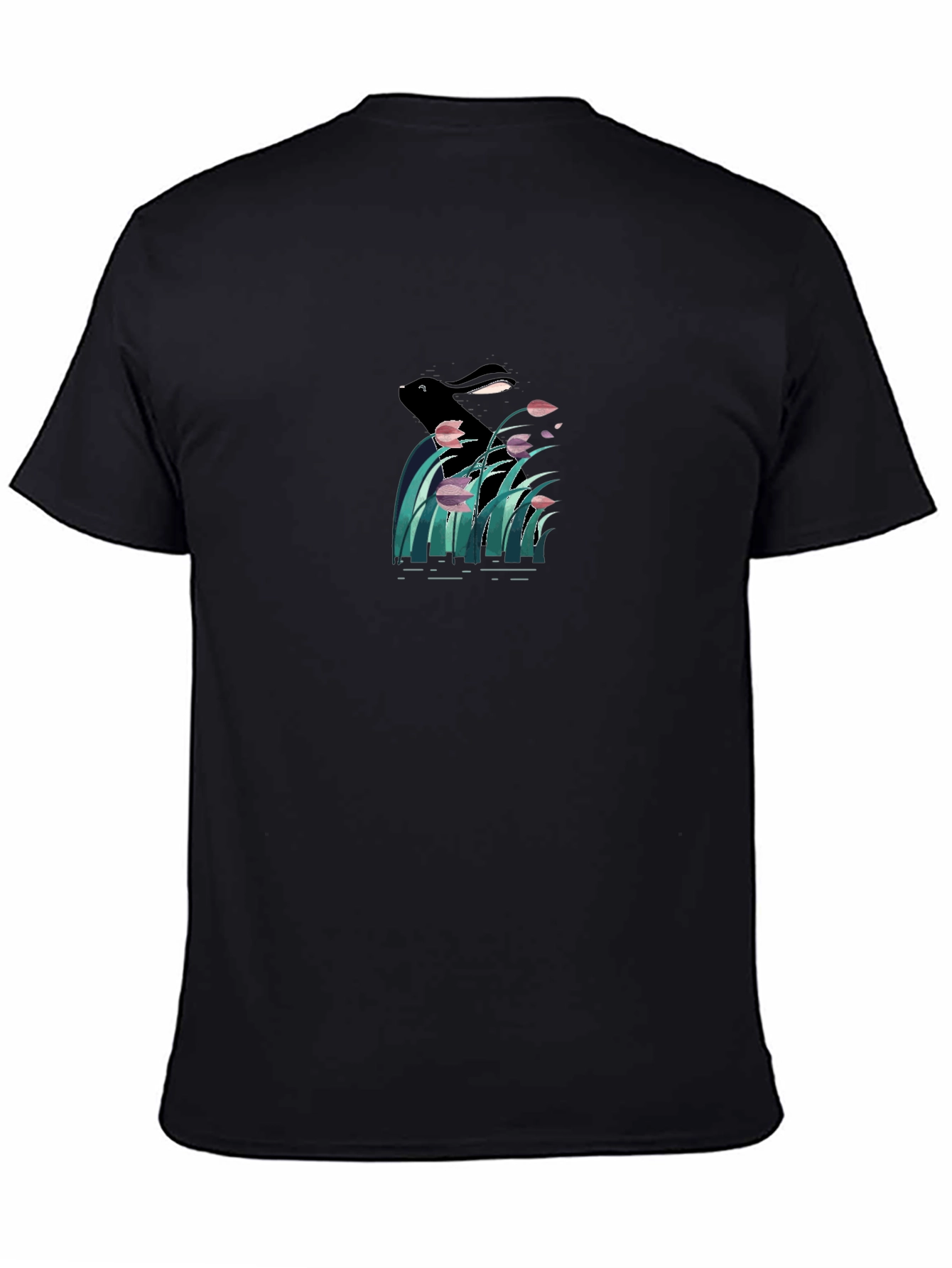 Black Graphic T-Shirt - Rabbit in Reed Design