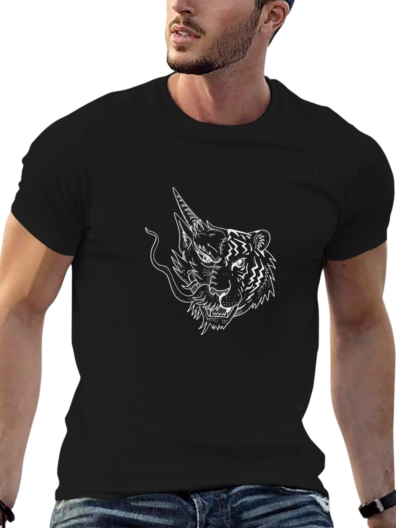 Black T-Shirt with Dragon Tiger Graphic