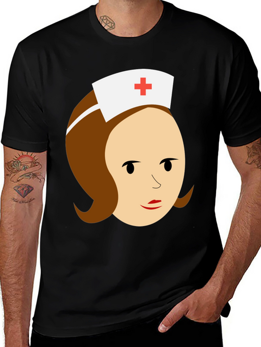 Cartoon Nurse Graphic Tee - Black Cotton T-Shirt