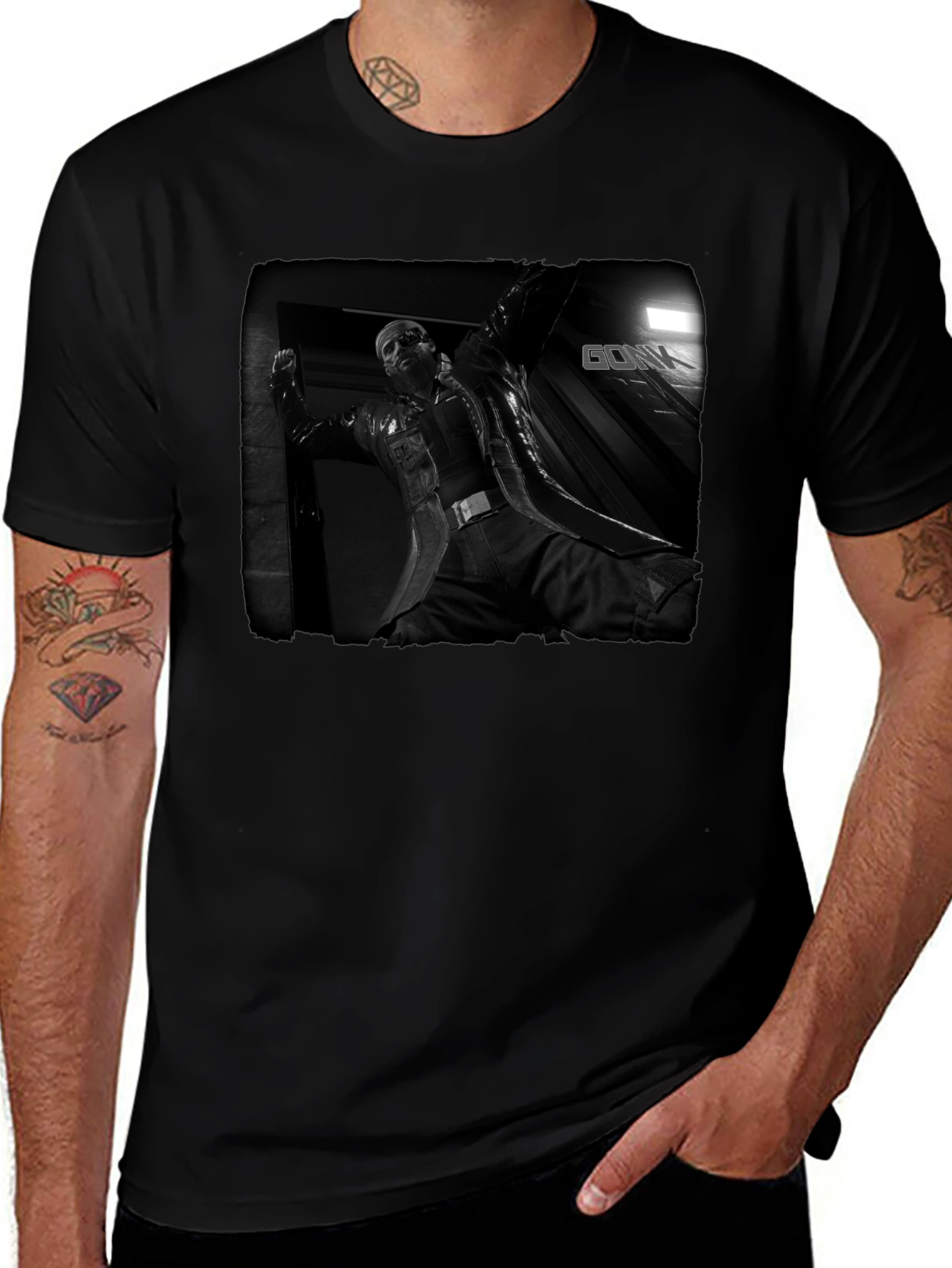 Mens Black Graphic T-Shirt - Action Movie Design