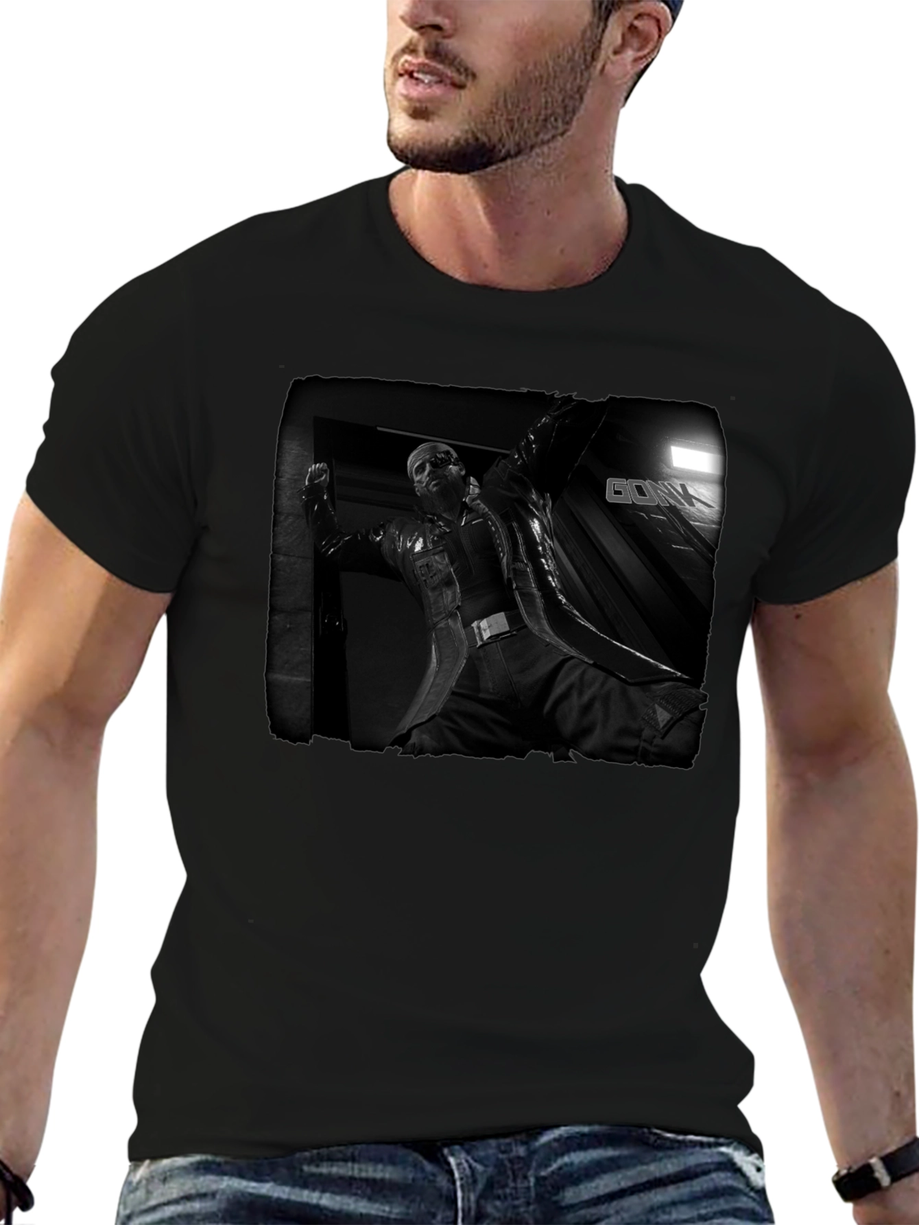 Mens Black Graphic T-Shirt - Action Movie Design