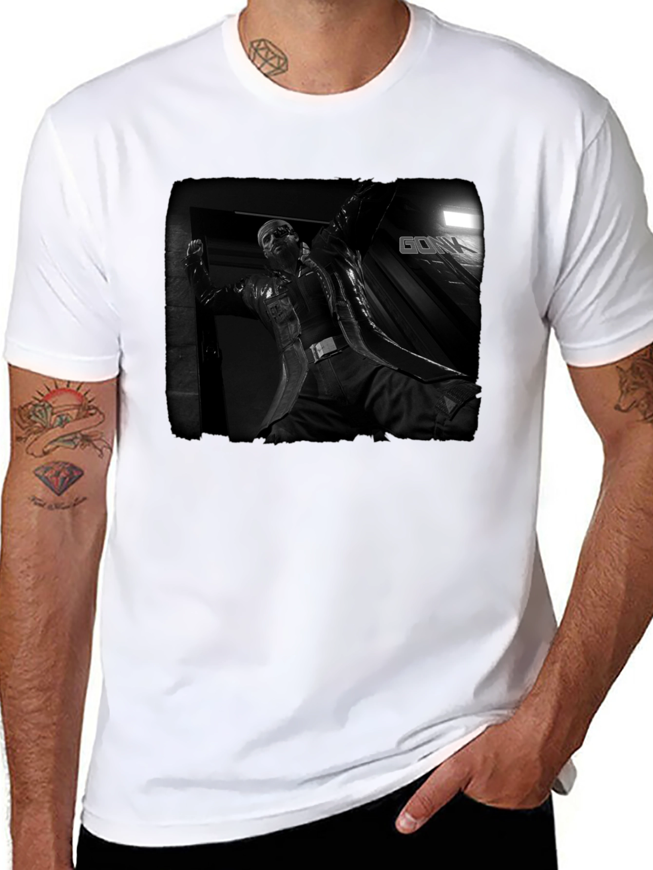 Mens Black Graphic T-Shirt - Action Movie Design