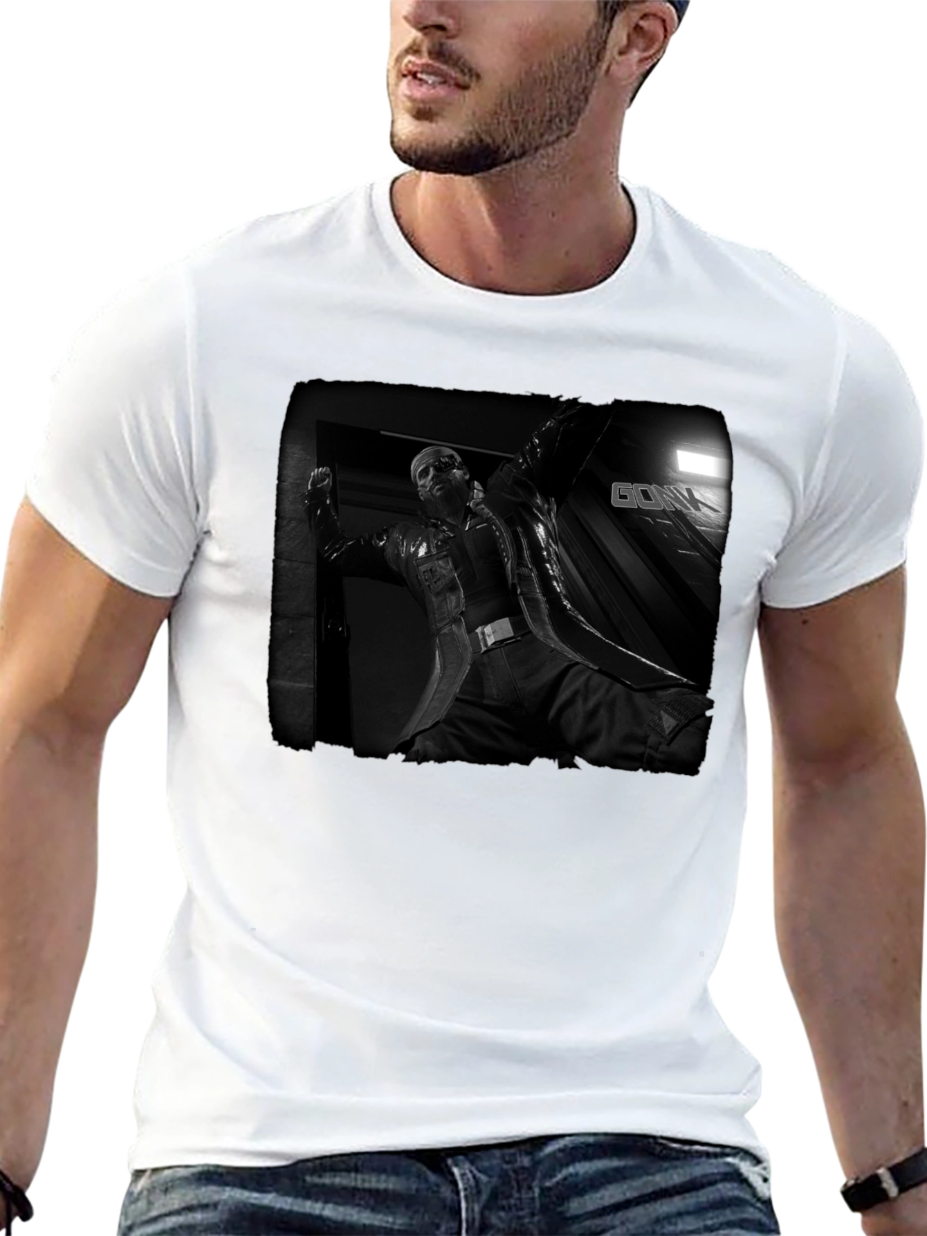 Mens Black Graphic T-Shirt - Action Movie Design