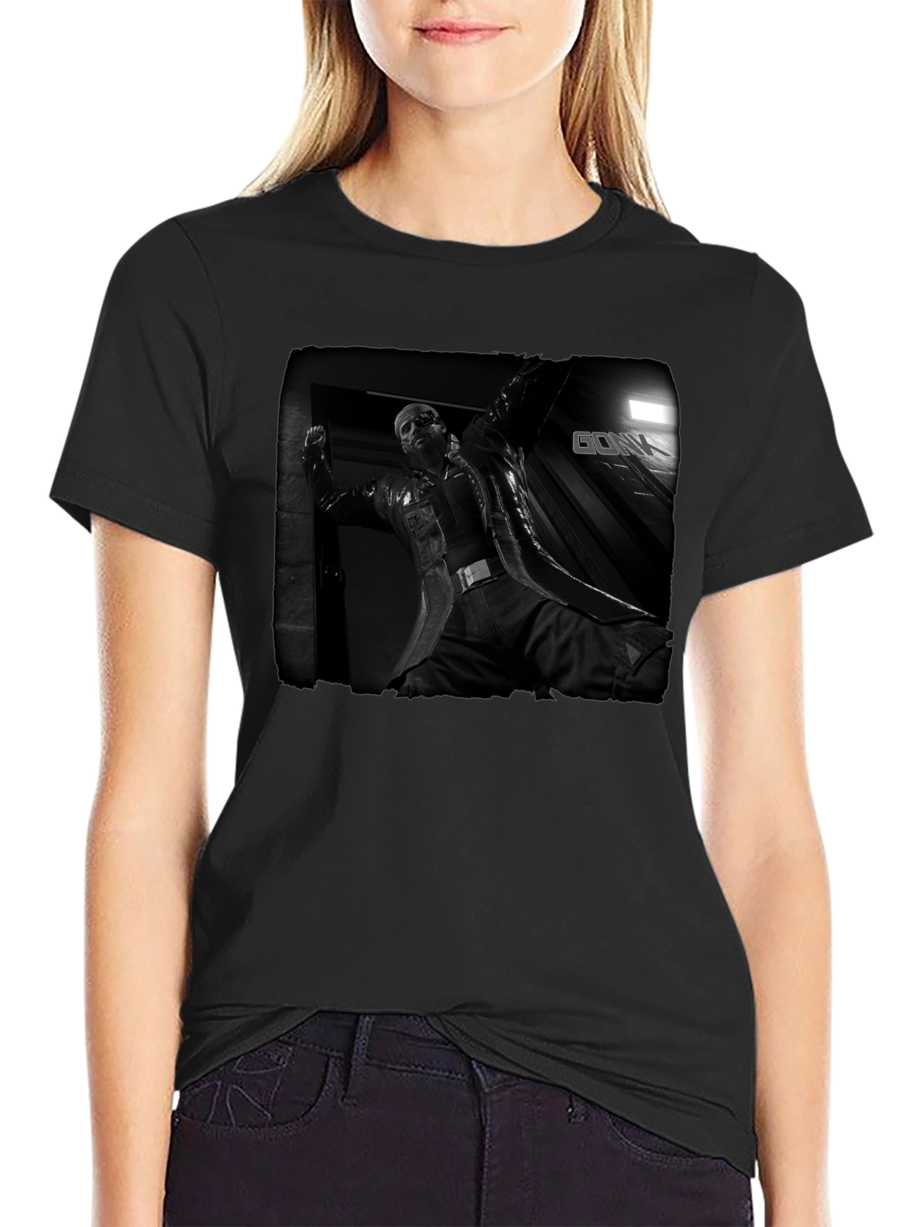 Mens Black Graphic T-Shirt - Action Movie Design