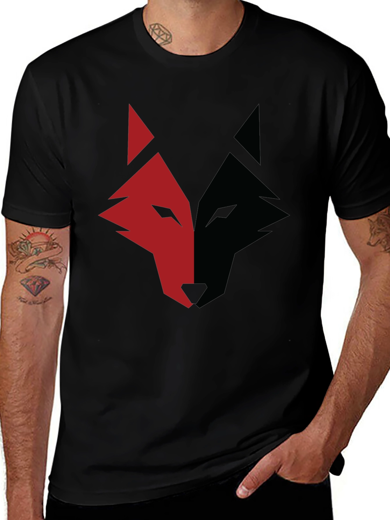 Red and Black Wolf Graphic Print T-Shirt