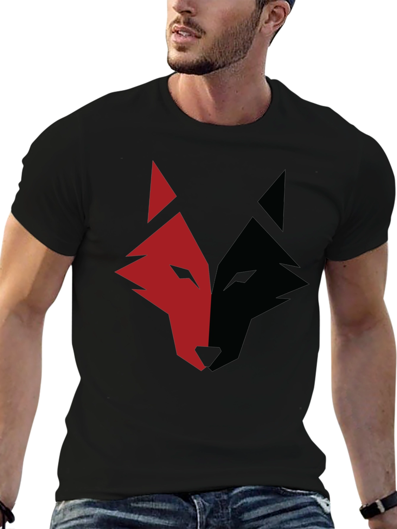 Red and Black Wolf Graphic Print T-Shirt