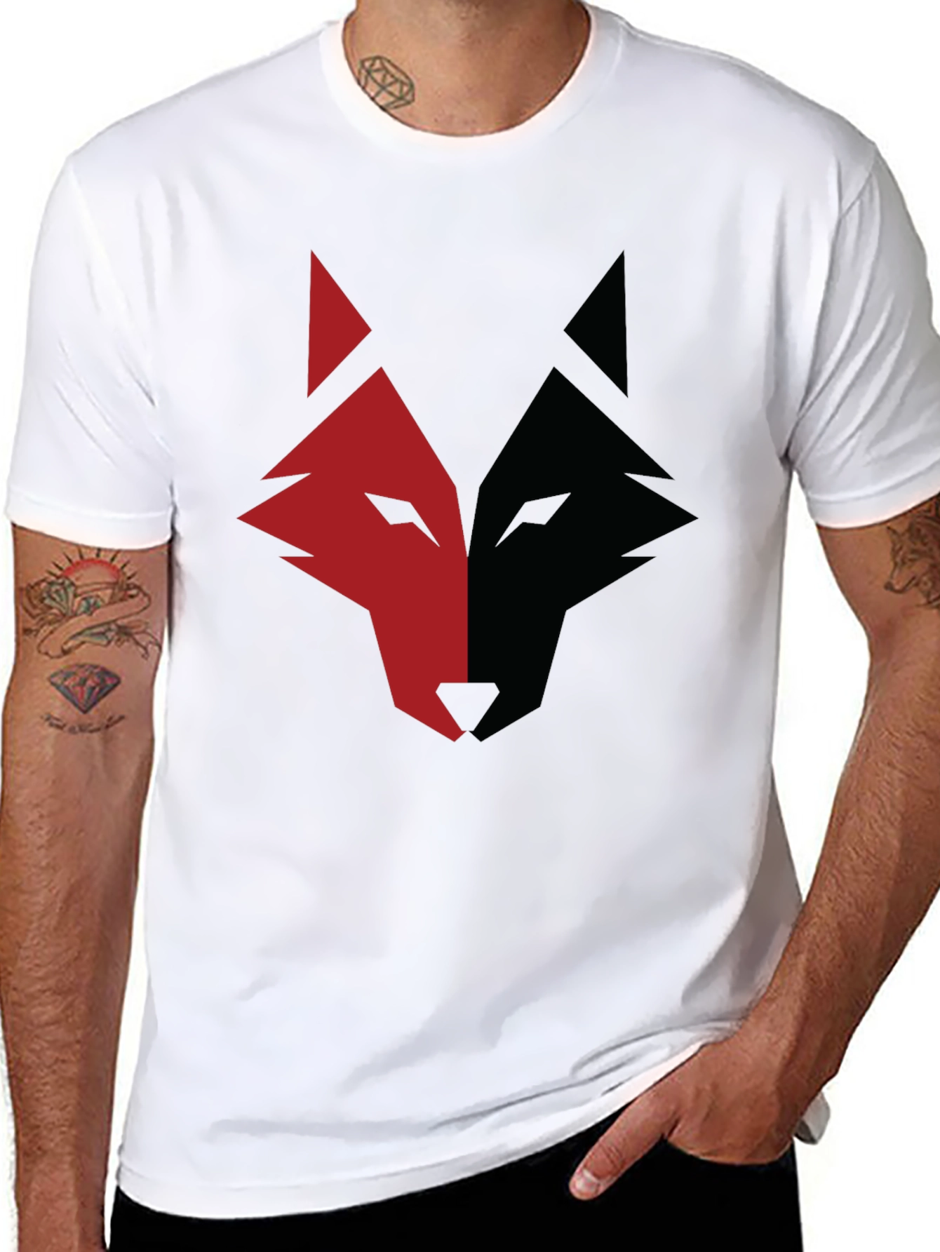 Red and Black Wolf Graphic Print T-Shirt