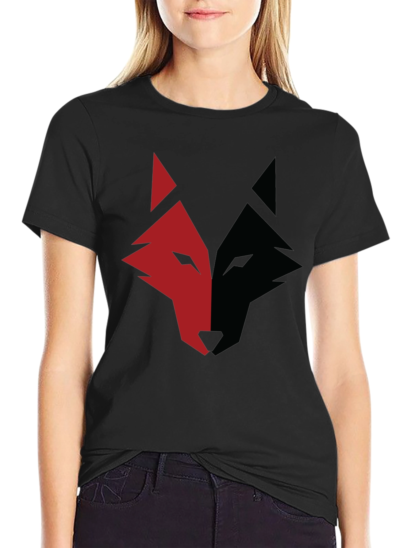 Red and Black Wolf Graphic Print T-Shirt