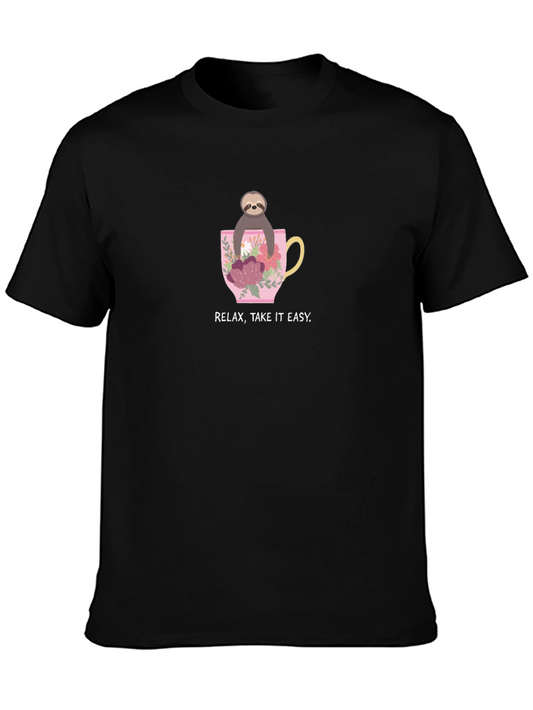 Relax Take it Easy Sloth in Teacup Black T-Shirt