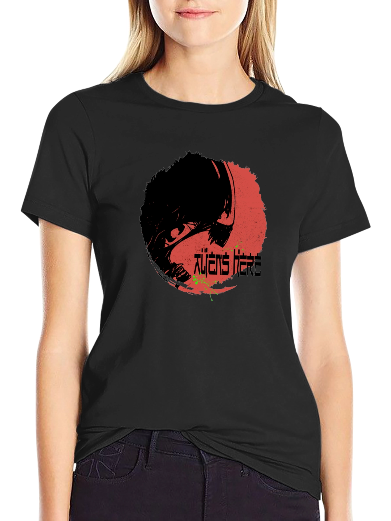 Aliens Here Graphic T-Shirt - Black Cotton Tee