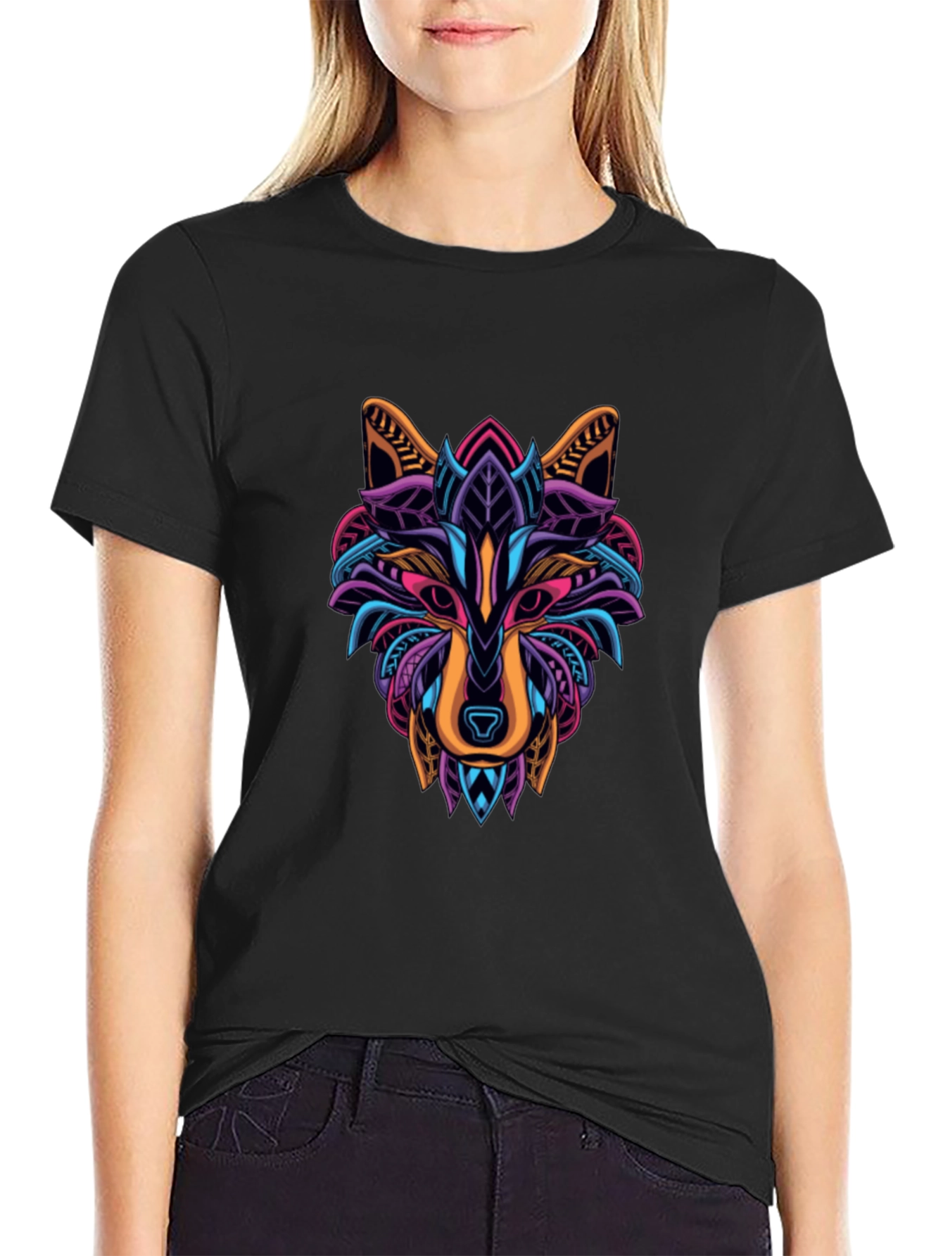 Vibrant Wolf Graphic T-Shirt - Mens Black Tee