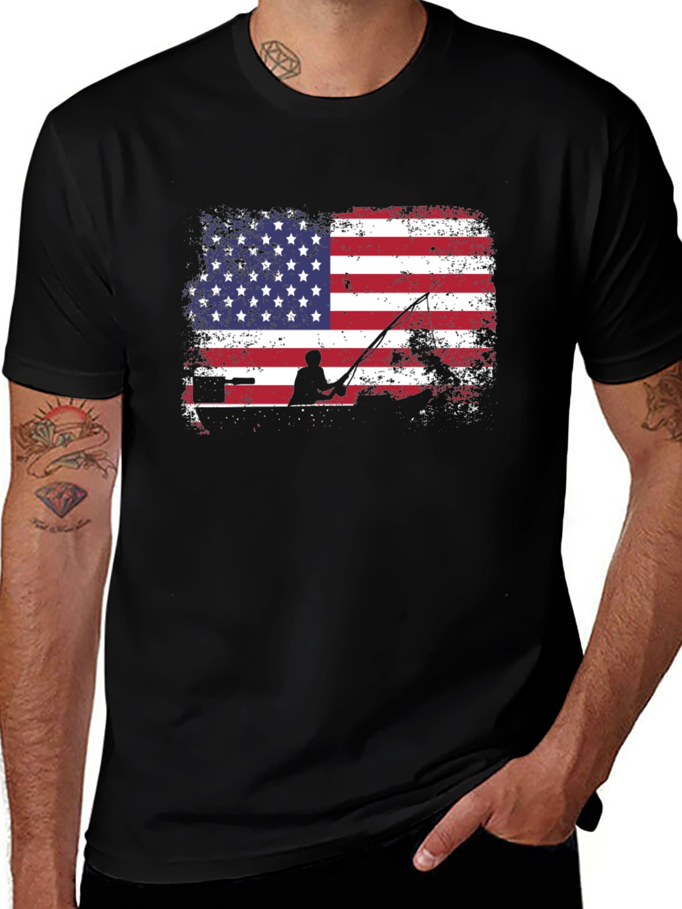 American Flag Fishing T-Shirt - Patriotic Angler Tee