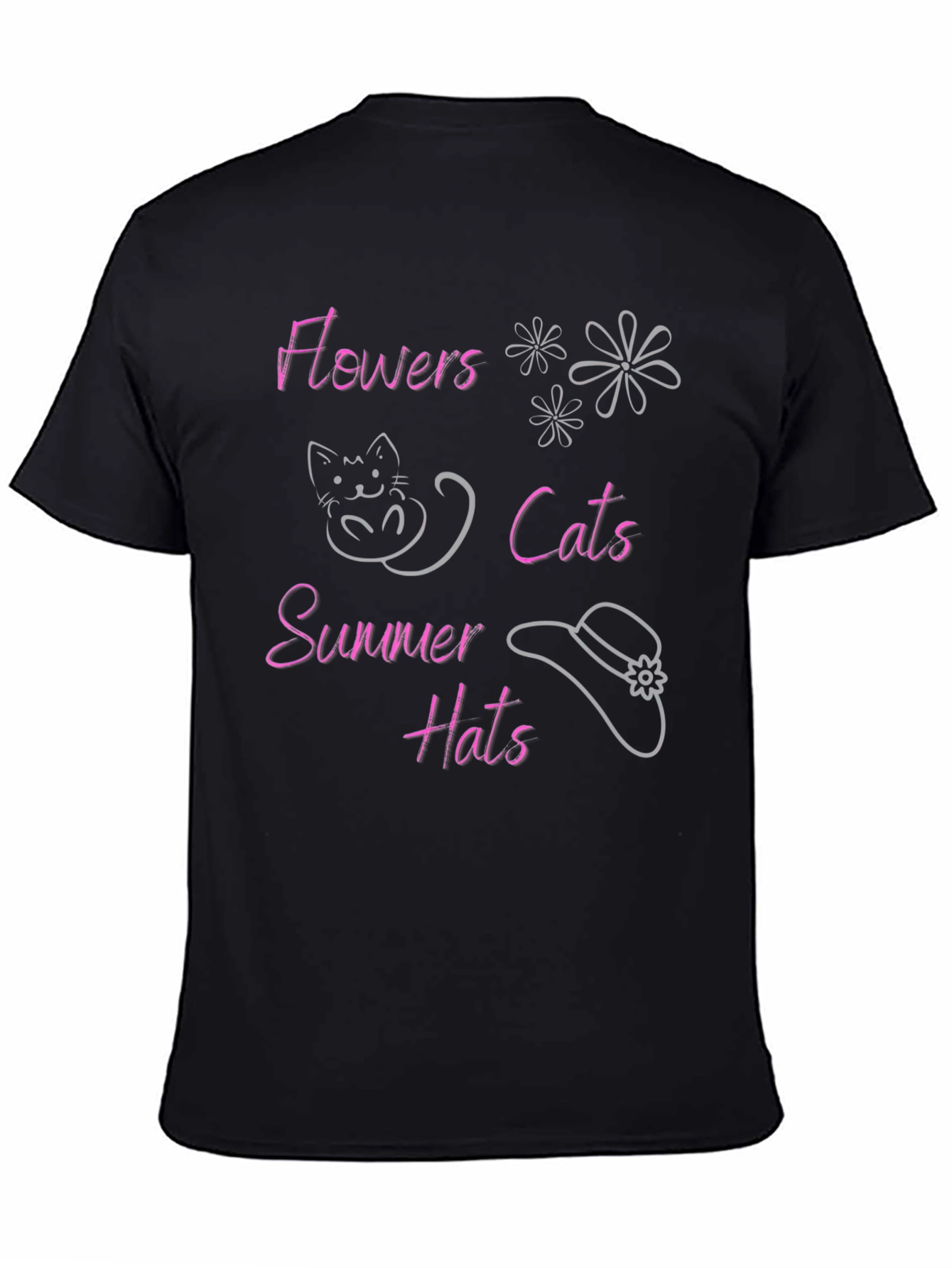 Flowers Cats Summer Hats Black T-Shirt