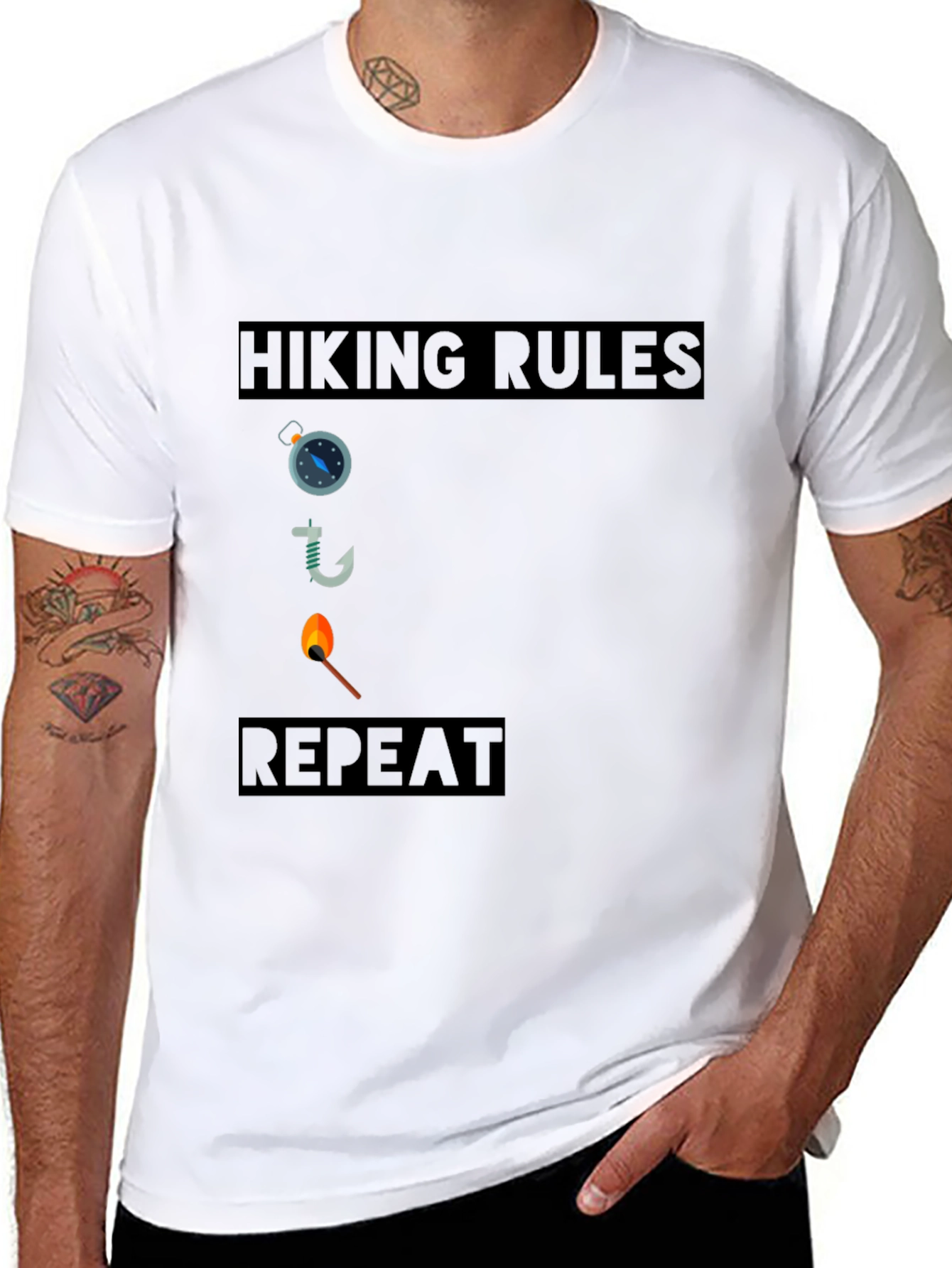 Hiking Rules Compass Hook Match Repeat Black T-Shirt