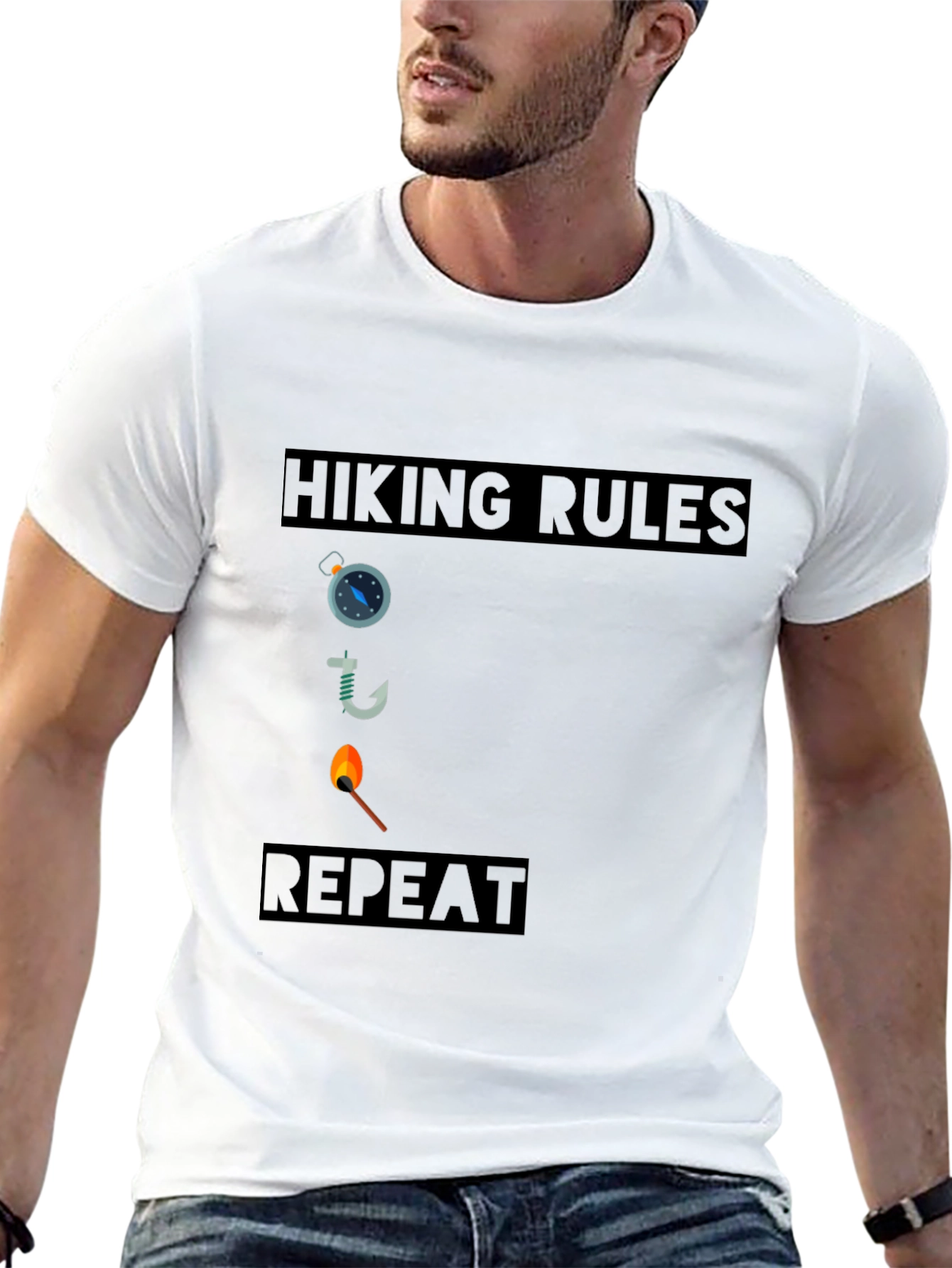 Hiking Rules Compass Hook Match Repeat Black T-Shirt