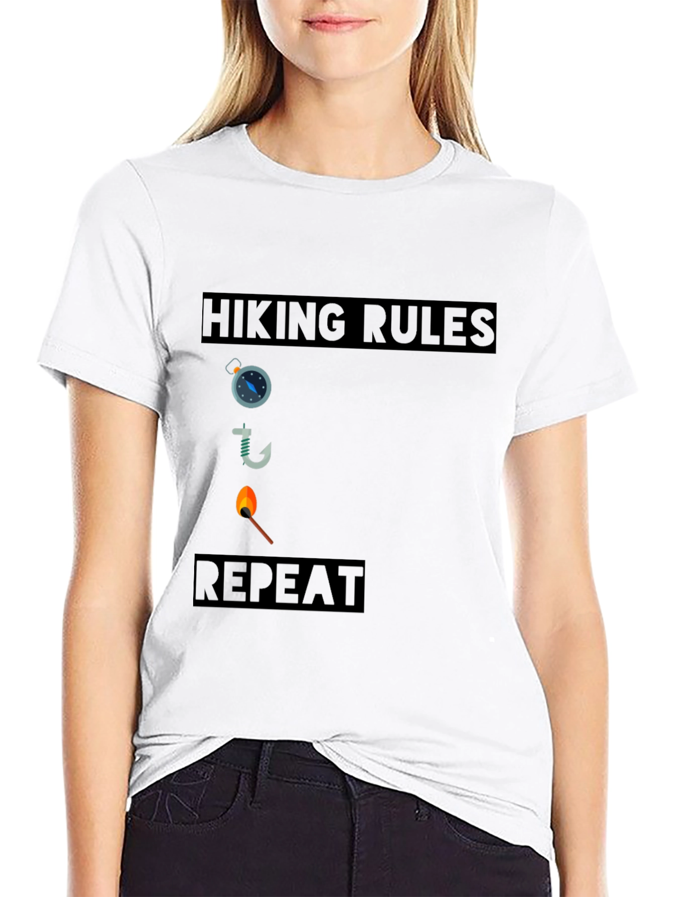 Hiking Rules Compass Hook Match Repeat Black T-Shirt