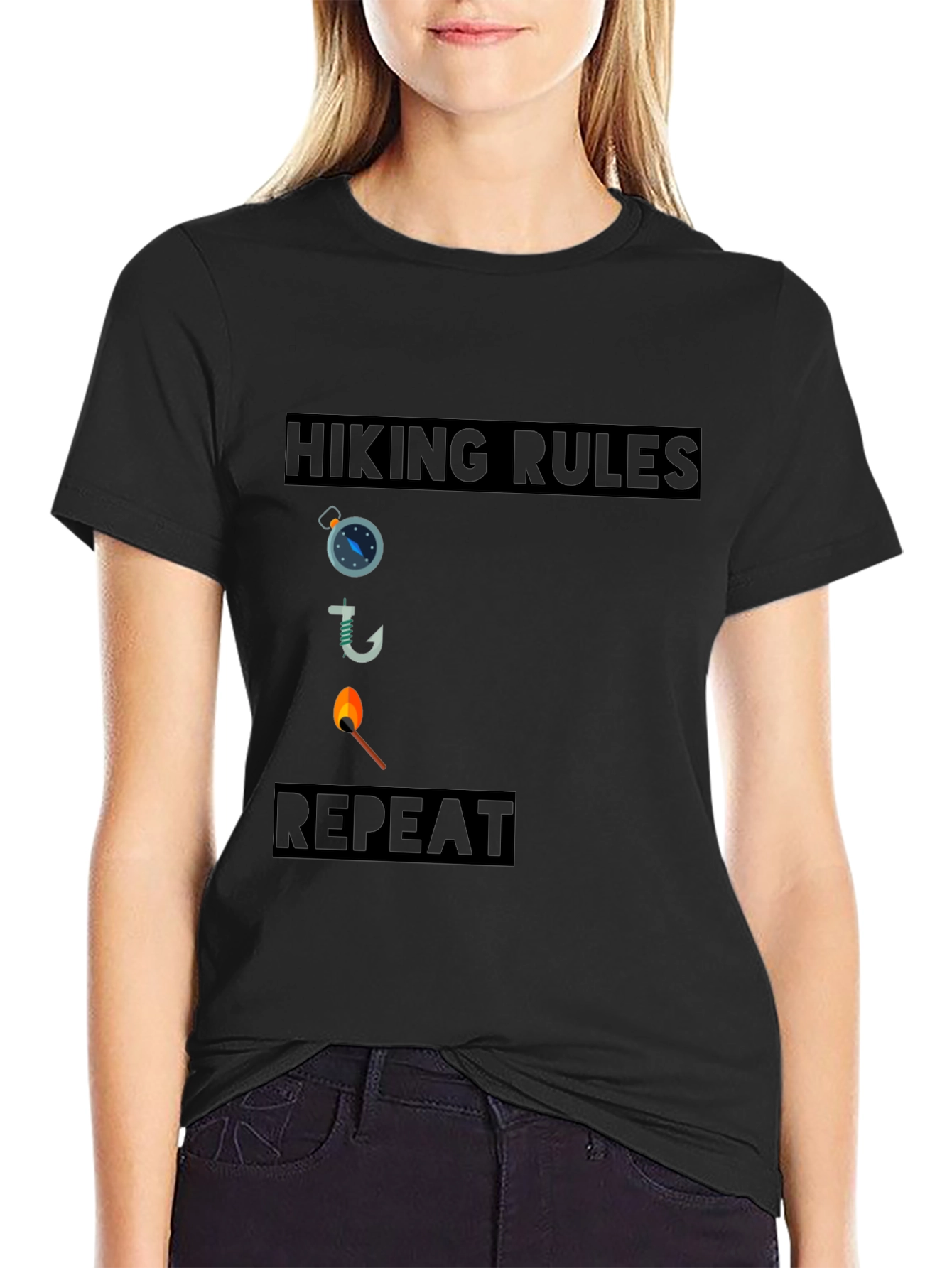 Hiking Rules Compass Hook Match Repeat Black T-Shirt