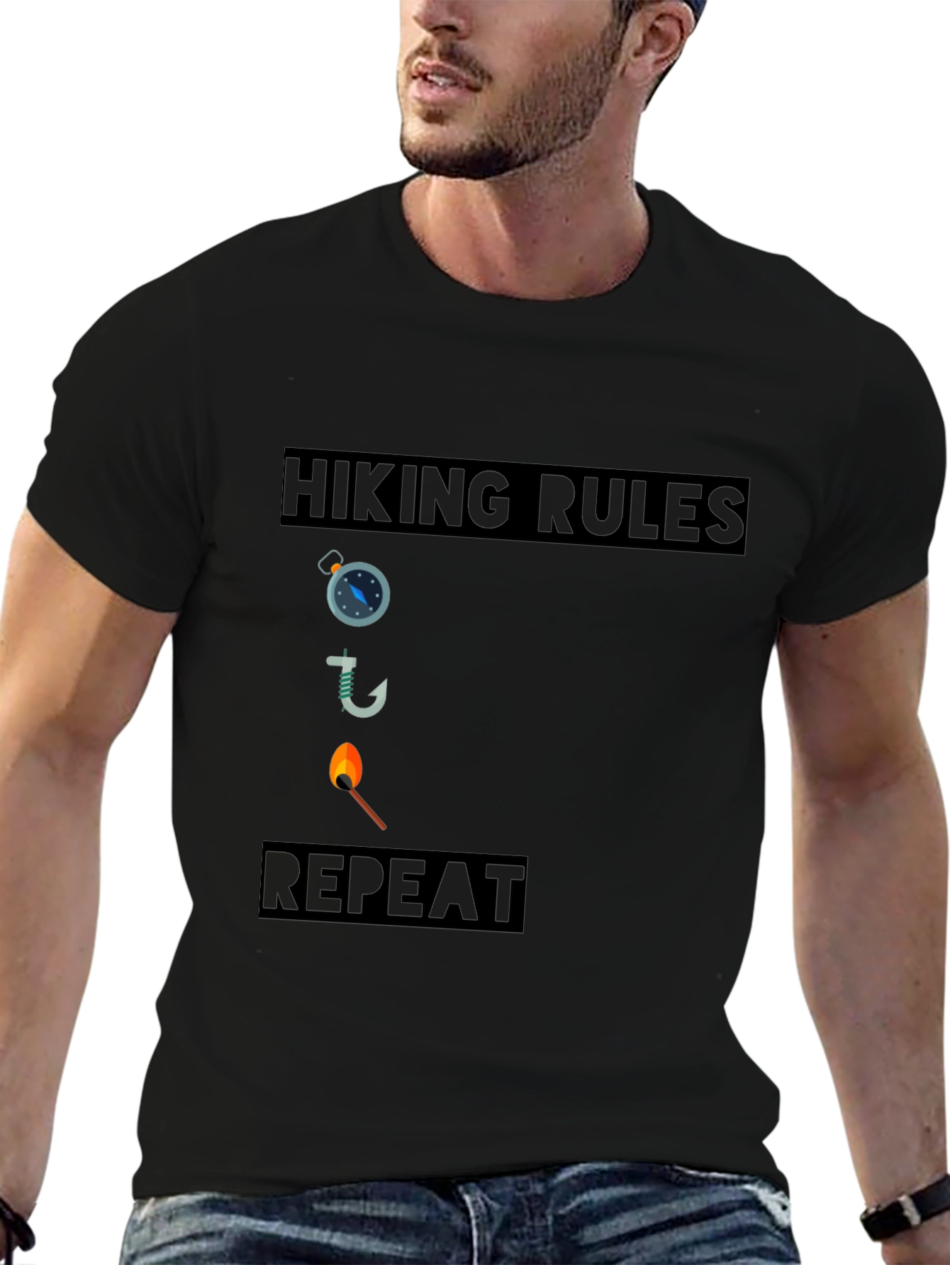 Hiking Rules Compass Hook Match Repeat Black T-Shirt