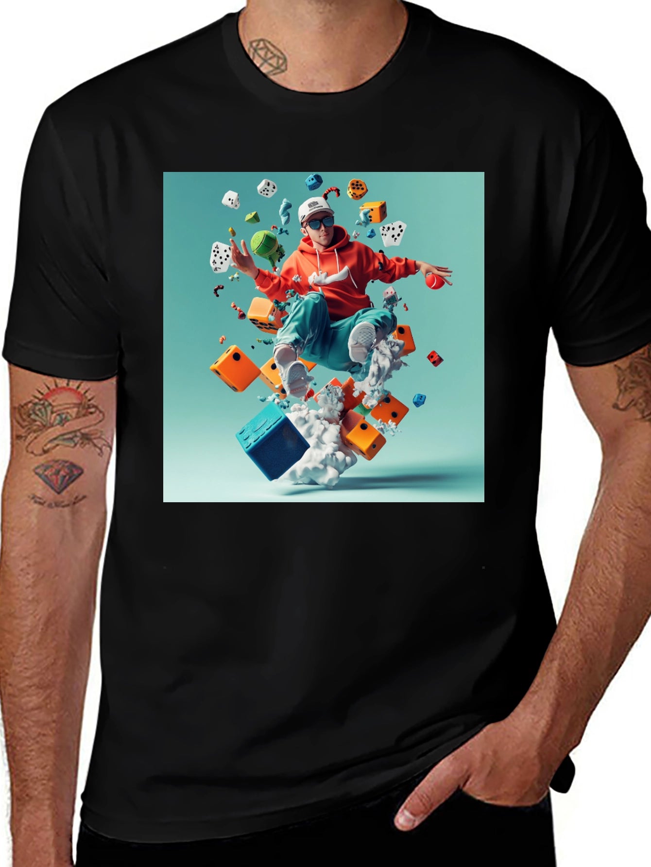 Artistic Dice Graphic Tee - Casual Cotton T-Shirt