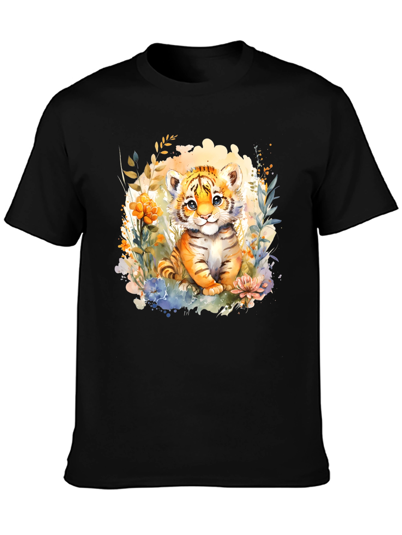 Cute Tiger Cub Floral Graphic T-Shirt