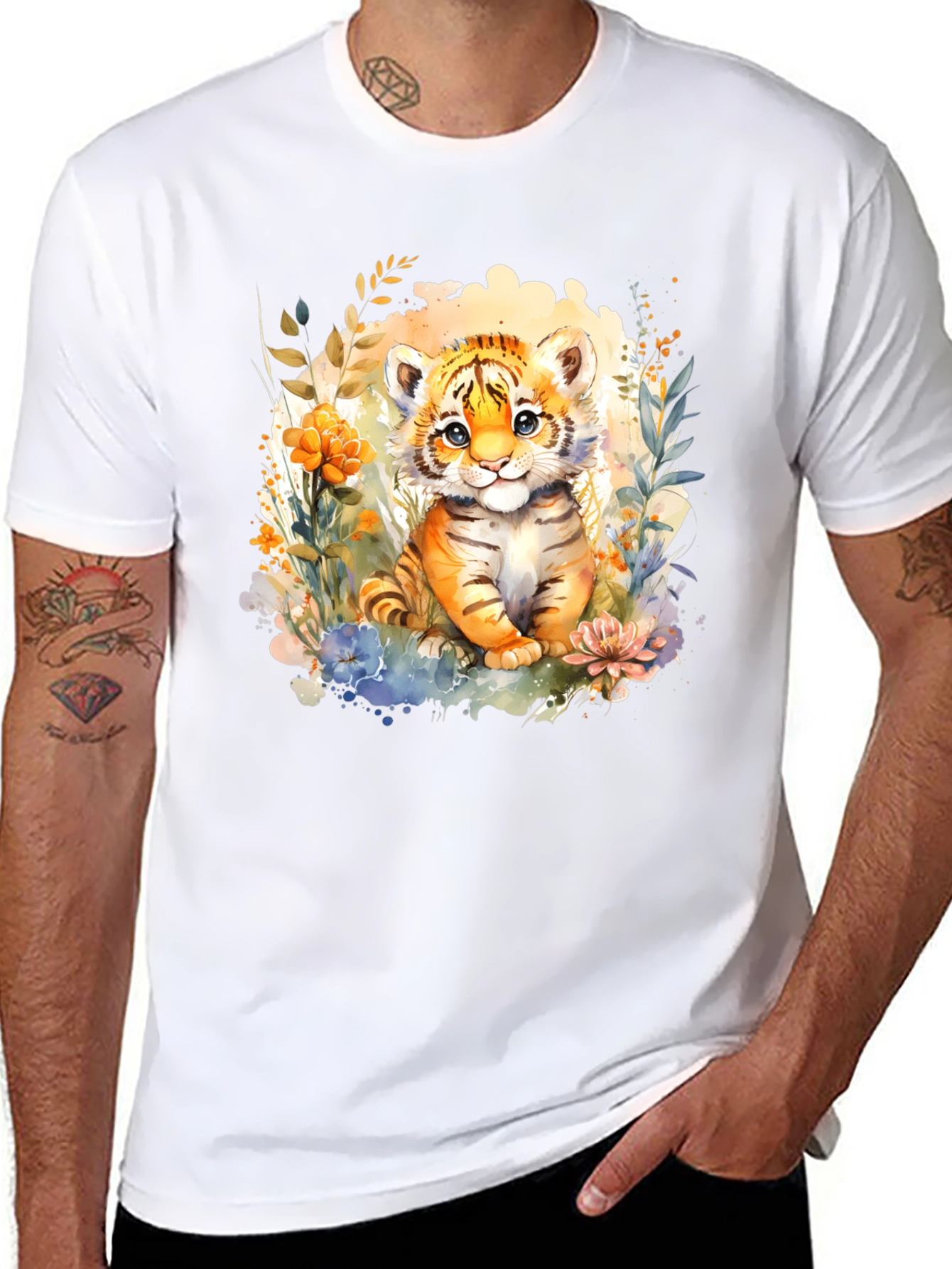 Cute Tiger Cub Floral Graphic T-Shirt
