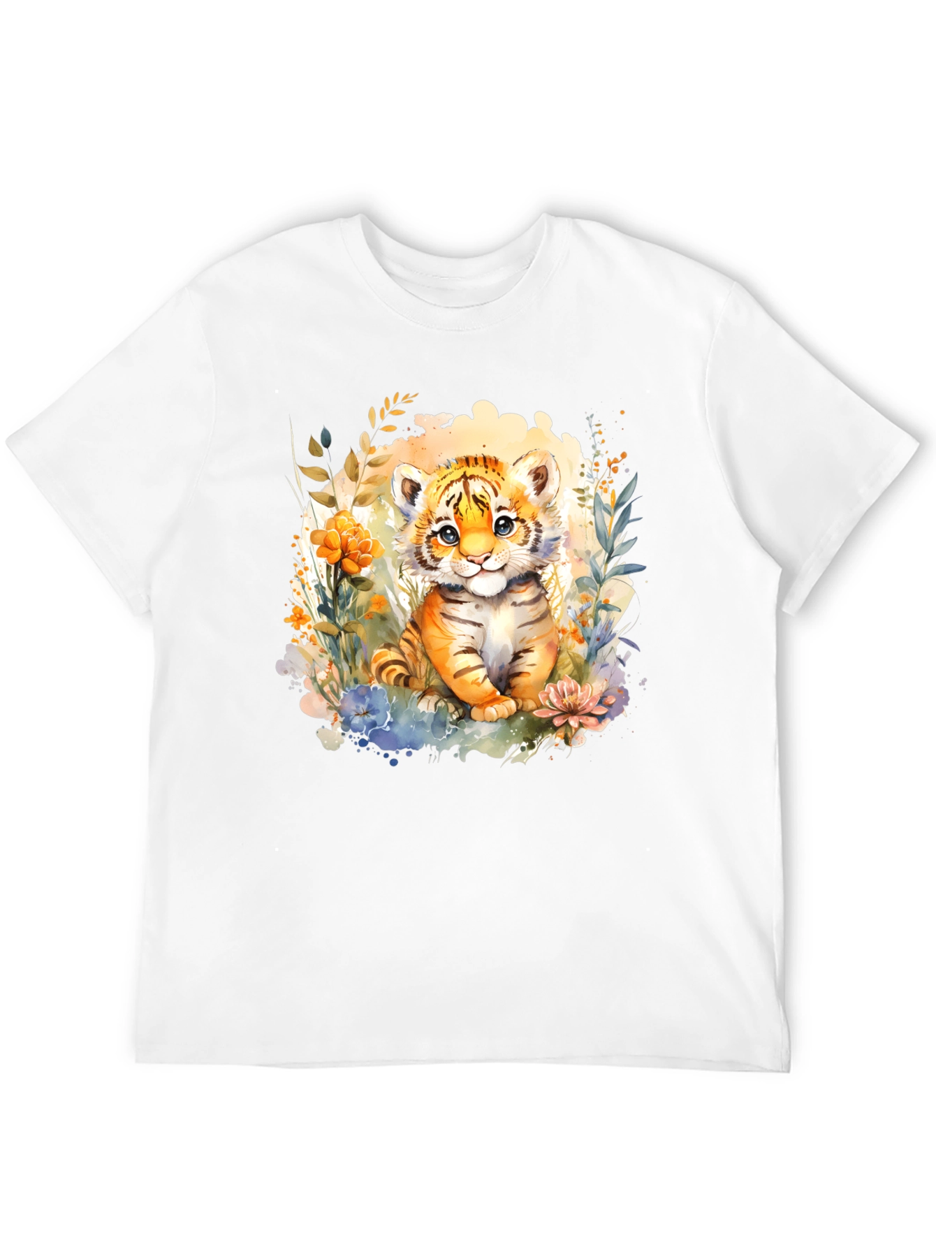 Cute Tiger Cub Floral Graphic T-Shirt