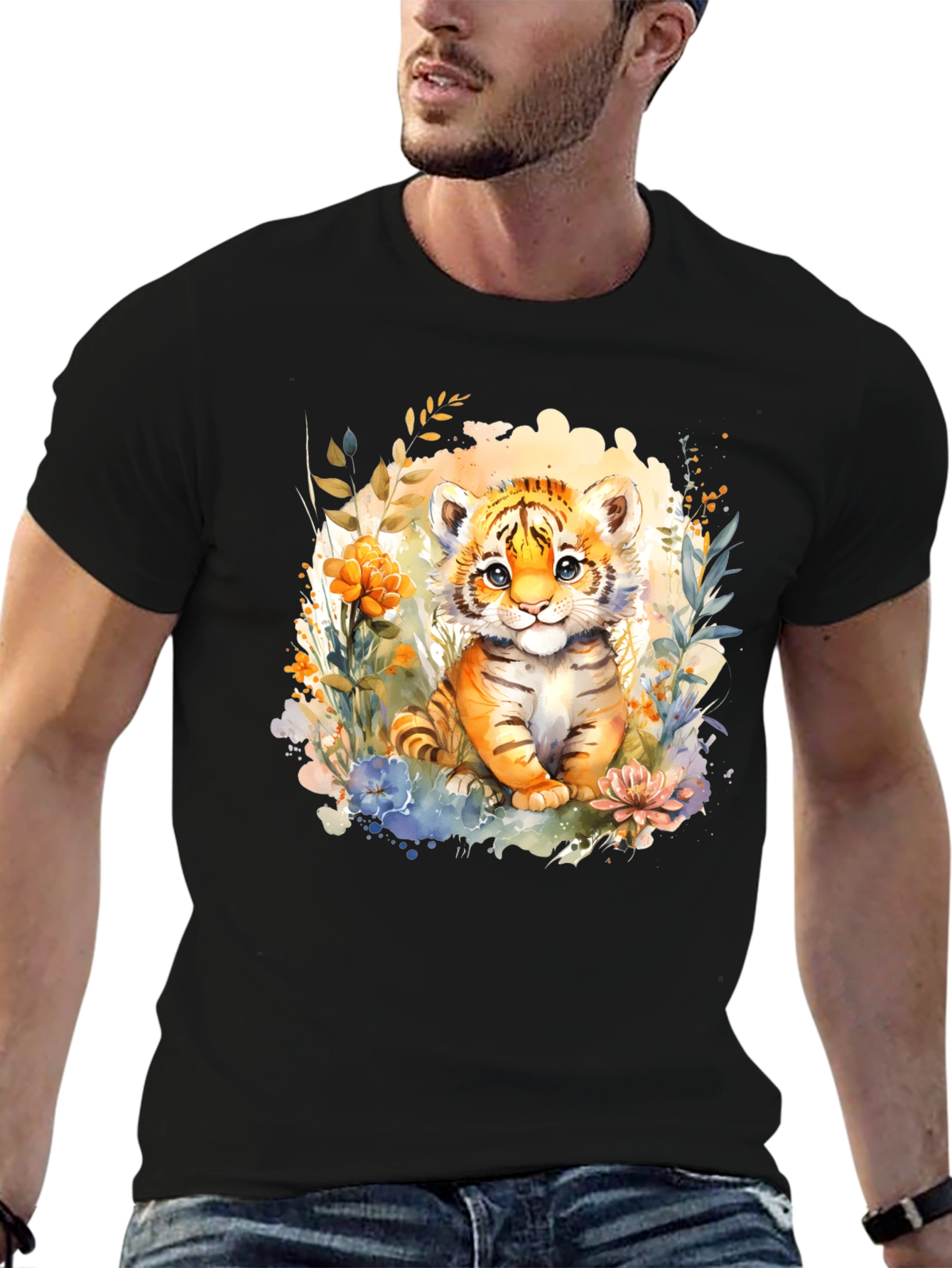 Cute Tiger Cub Floral Graphic T-Shirt