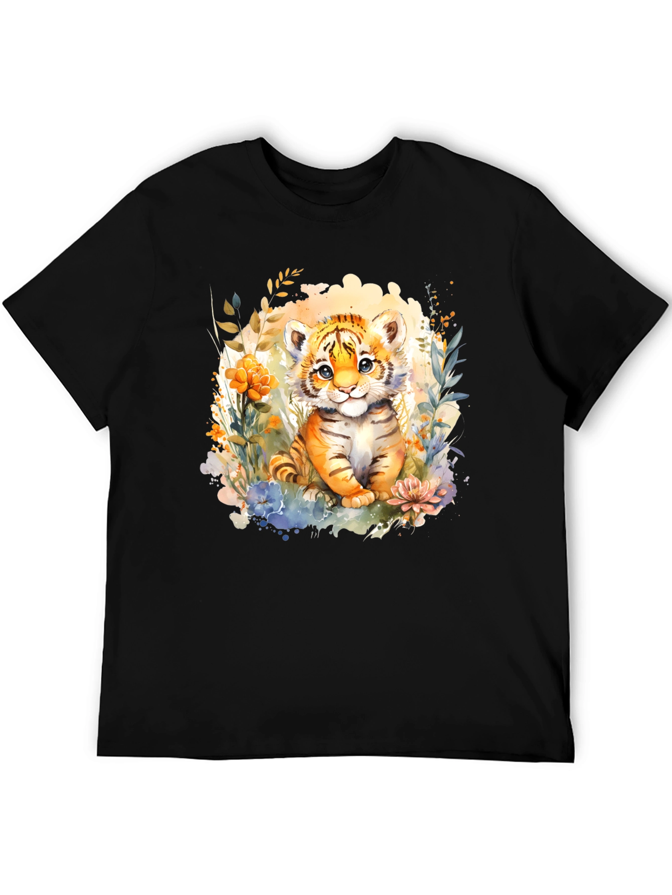 Cute Tiger Cub Floral Graphic T-Shirt