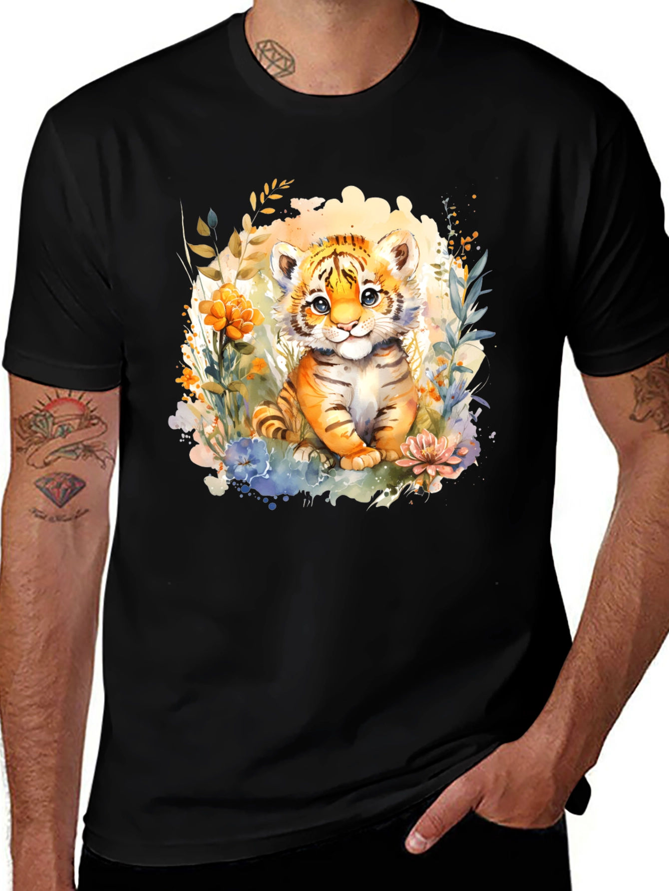Cute Tiger Cub Floral Graphic T-Shirt