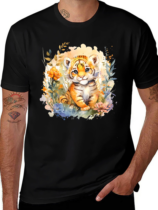 Cute Tiger Cub Floral Graphic T-Shirt