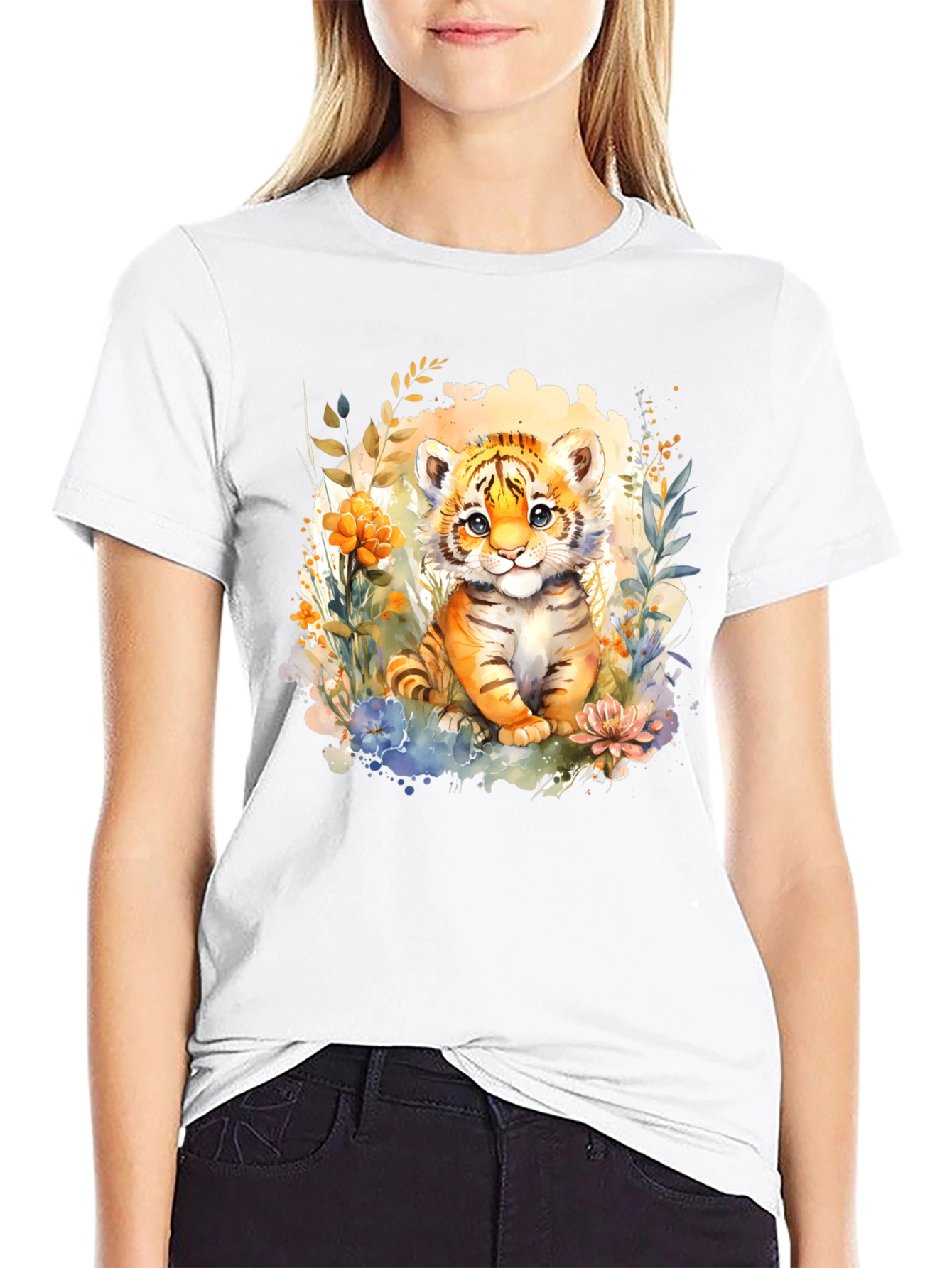 Cute Tiger Cub Floral Graphic T-Shirt